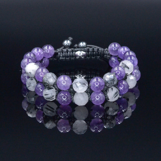 Genuine Amethyst Quartz Braided Bracelet, Double Row Crystal Gemstone Adjustable Bracelet, Gift for Men, Gift for Him, Father's Day Gift - Shamballa Bracelet - Birthstone Bracelet - Gemstone Bracelet Men - Chakra Bracelet - Macrame Bracelet - Healing Bracelet - Valinde