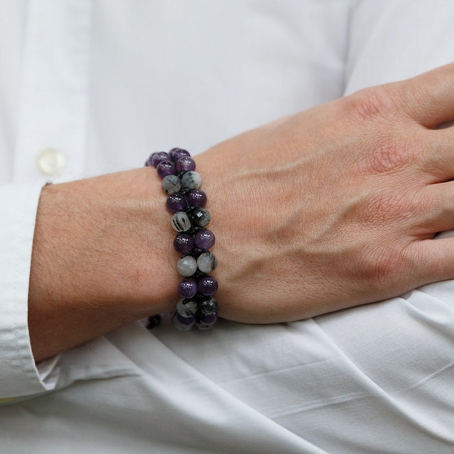 Genuine Amethyst Quartz Braided Bracelet, Double Row Crystal Gemstone Adjustable Bracelet, Gift for Men, Gift for Him, Father's Day Gift - Shamballa Bracelet - Birthstone Bracelet - Gemstone Bracelet Men - Chakra Bracelet - Macrame Bracelet - Healing Bracelet - Valinde