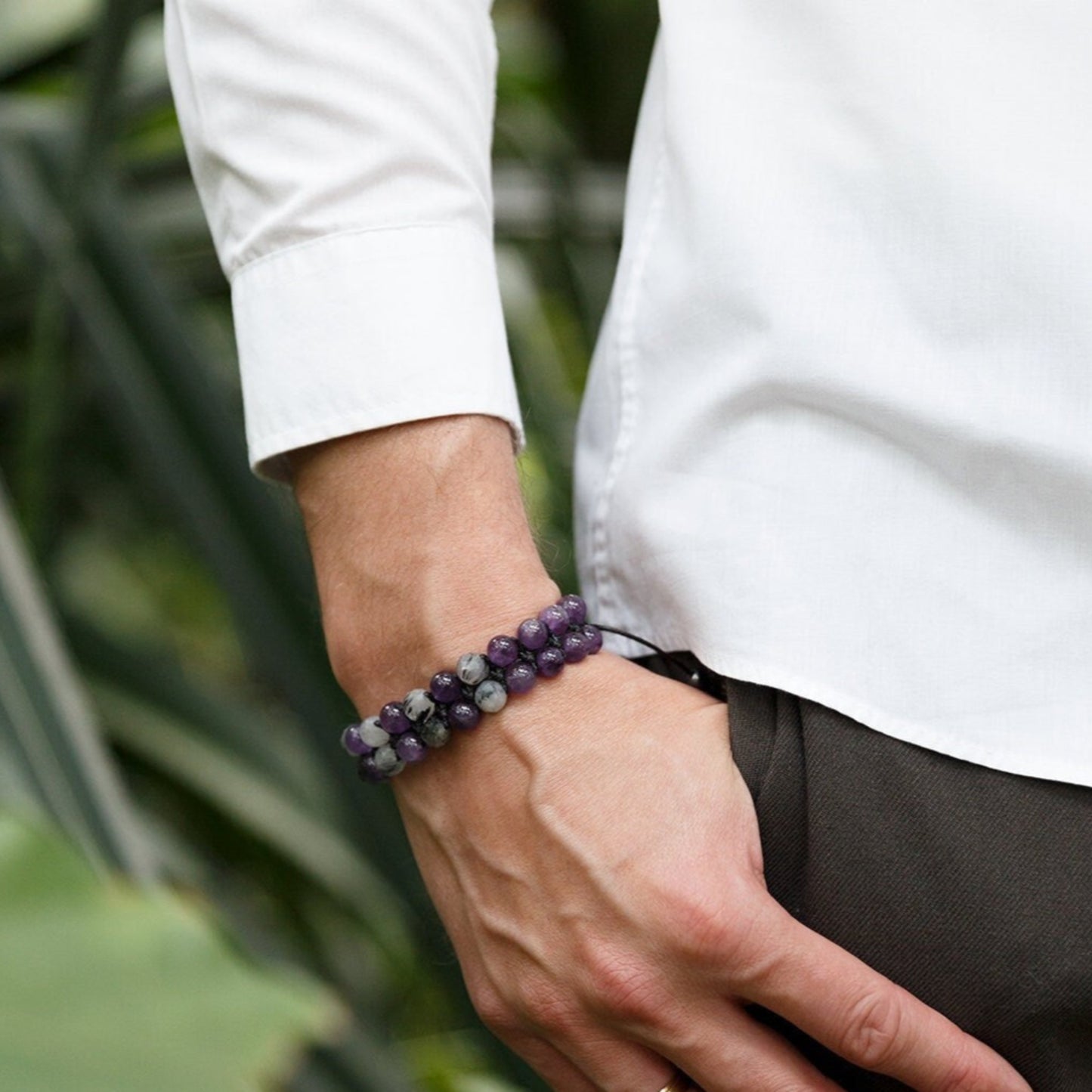 Genuine Amethyst Quartz Braided Bracelet, Double Row Crystal Gemstone Adjustable Bracelet, Gift for Men, Gift for Him, Father's Day Gift - Shamballa Bracelet - Birthstone Bracelet - Gemstone Bracelet Men - Chakra Bracelet - Macrame Bracelet - Healing Bracelet - Valinde