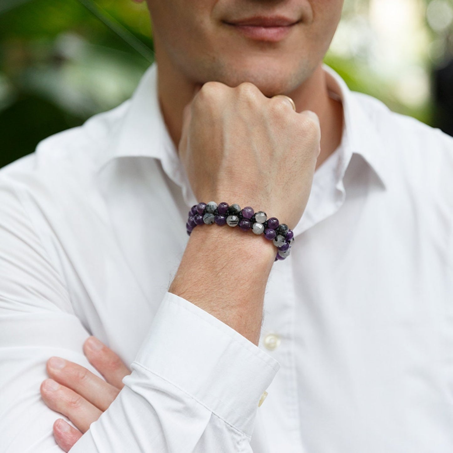Genuine Amethyst Quartz Braided Bracelet, Double Row Crystal Gemstone Adjustable Bracelet, Gift for Men, Gift for Him, Father's Day Gift - Shamballa Bracelet - Birthstone Bracelet - Gemstone Bracelet Men - Chakra Bracelet - Macrame Bracelet - Healing Bracelet - Valinde