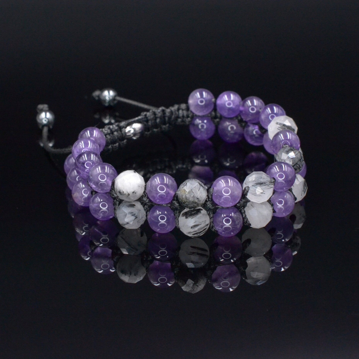 Genuine Amethyst Quartz Braided Bracelet, Double Row Crystal Gemstone Adjustable Bracelet, Gift for Men, Gift for Him, Father's Day Gift - Shamballa Bracelet - Birthstone Bracelet - Gemstone Bracelet Men - Chakra Bracelet - Macrame Bracelet - Healing Bracelet - Valinde