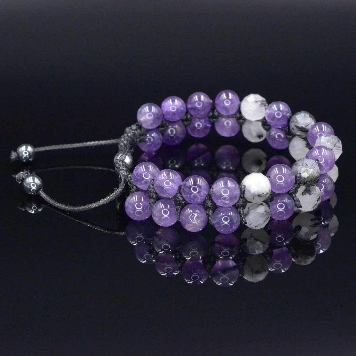 Genuine Amethyst Quartz Braided Bracelet, Double Row Crystal Gemstone Adjustable Bracelet, Gift for Men, Gift for Him, Father's Day Gift - Shamballa Bracelet - Birthstone Bracelet - Gemstone Bracelet Men - Chakra Bracelet - Macrame Bracelet - Healing Bracelet - Valinde