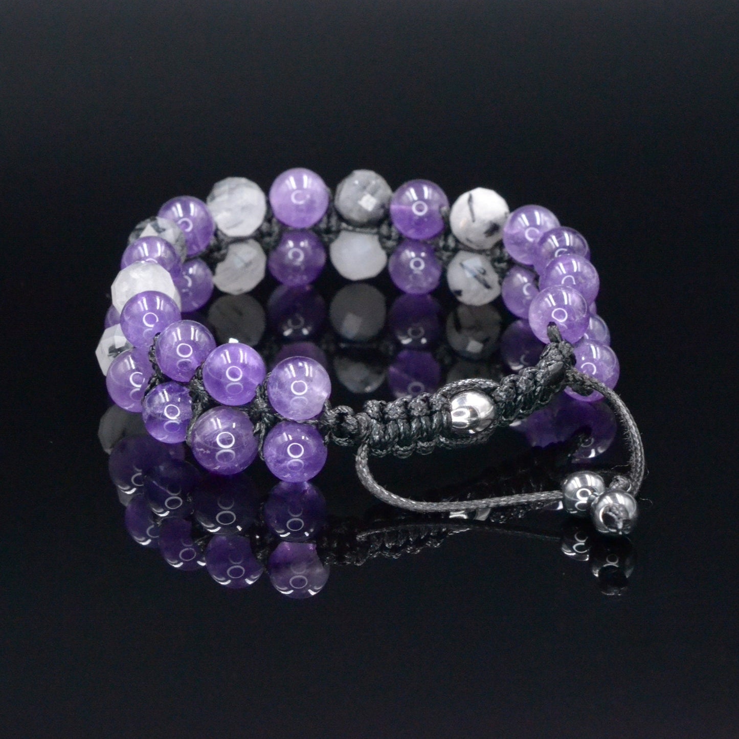 Genuine Amethyst Quartz Braided Bracelet, Double Row Crystal Gemstone Adjustable Bracelet, Gift for Men, Gift for Him, Father's Day Gift - Shamballa Bracelet - Birthstone Bracelet - Gemstone Bracelet Men - Chakra Bracelet - Macrame Bracelet - Healing Bracelet - Valinde