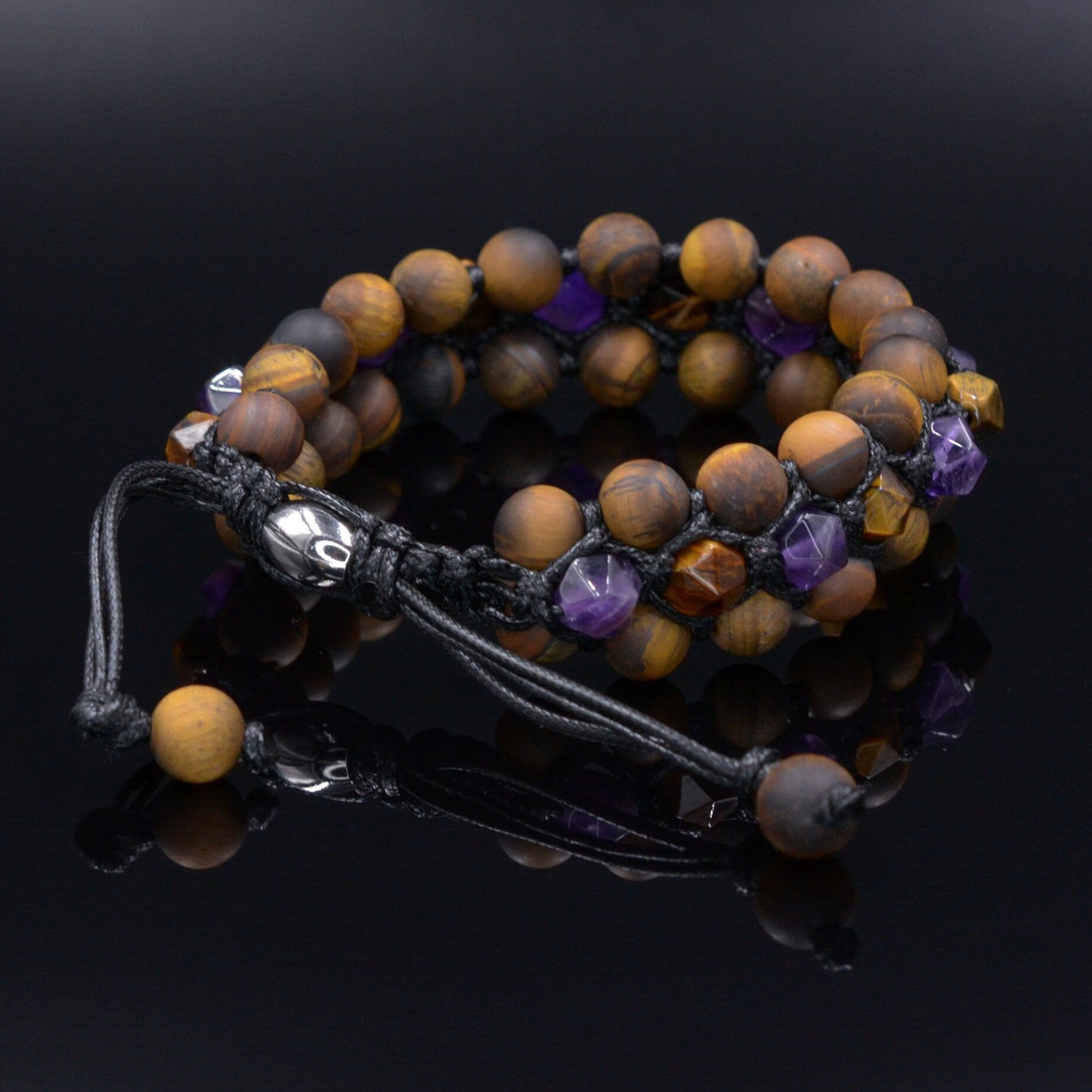 Men's Tiger's Eye Triple Row Bracelet Amethyst Bracelet 3 Row Bracelet Crystal Amethyst Bracelet Macrame Bracelet Adjustable Stone Bracelet - Shamballa Bracelet - Birthstone Bracelet - Gemstone Bracelet Men - Chakra Bracelet - Macrame Bracelet - Healing Bracelet - Valinde