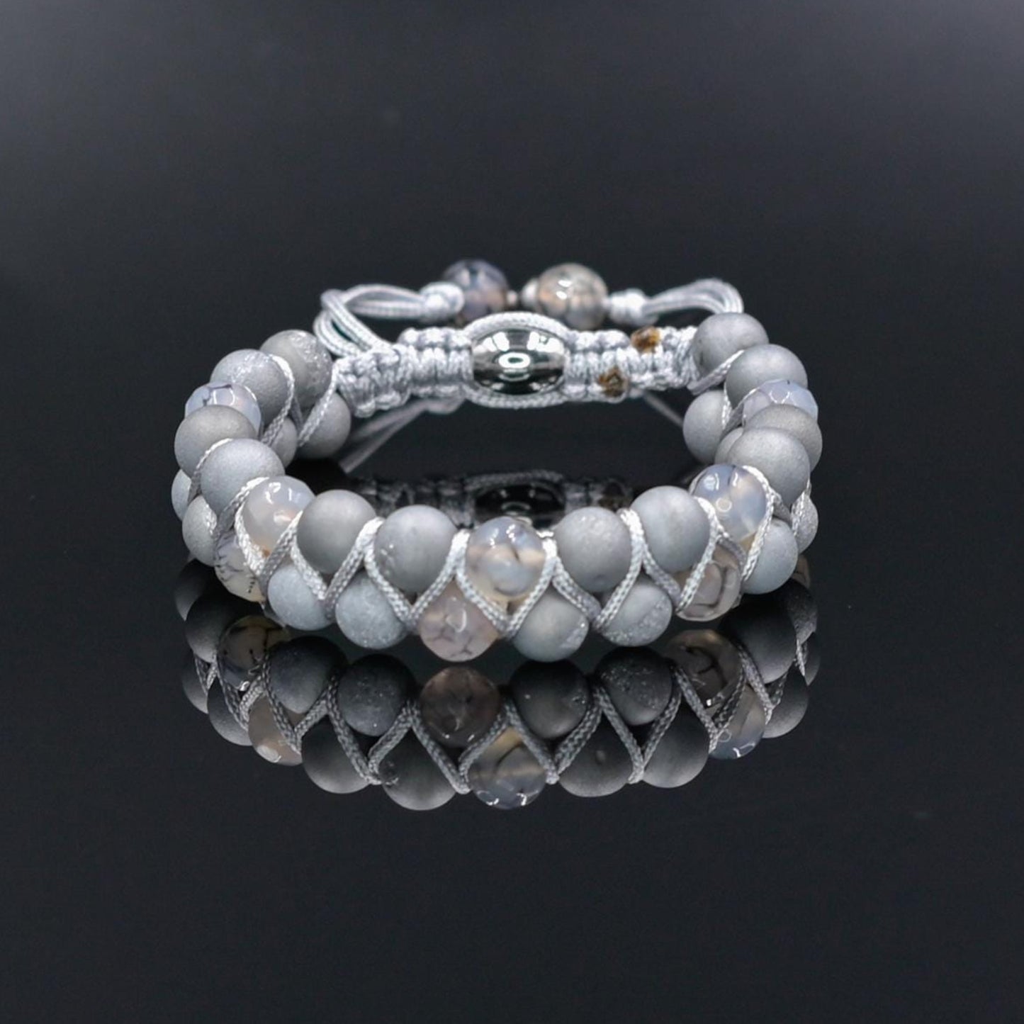 Men's Grey Druzy Agate Bracelet Double Row Bracelet Gemstone Beads Bracelet Gift for Men Adjustable Stone Bracelet Macrame Bracelet for Men - Shamballa Bracelet - Mantra Bracelet - Yoga Bracelet - Birthstone Bracelet - Gemstone Bracelet Men - Chakra Bracelet - Macrame Bracelet - Healing Bracelet - Gift for Father - Gift For Men - Valinde