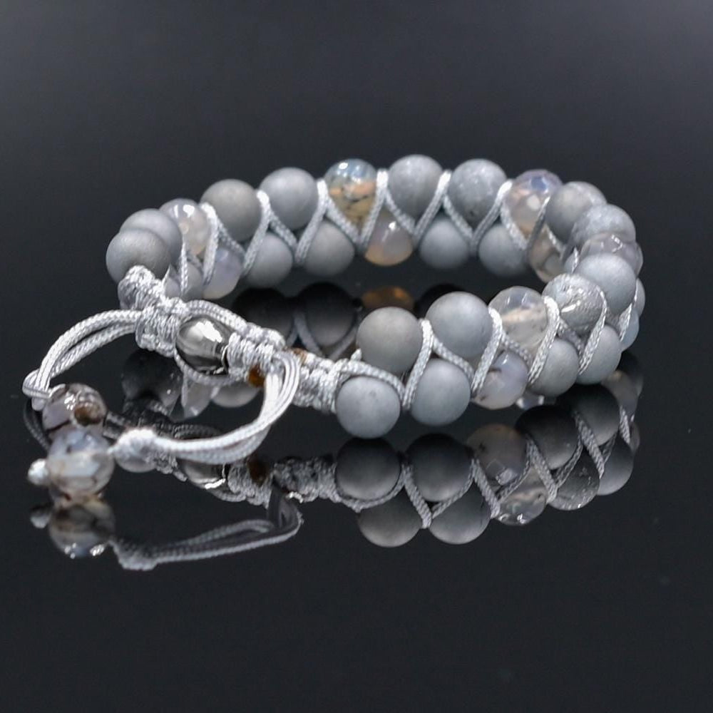 Men's Grey Druzy Agate Bracelet Double Row Bracelet Gemstone Beads Bracelet Gift for Men Adjustable Stone Bracelet Macrame Bracelet for Men - Shamballa Bracelet - Mantra Bracelet - Yoga Bracelet - Birthstone Bracelet - Gemstone Bracelet Men - Chakra Bracelet - Macrame Bracelet - Healing Bracelet - Gift for Father - Gift For Men - Valinde