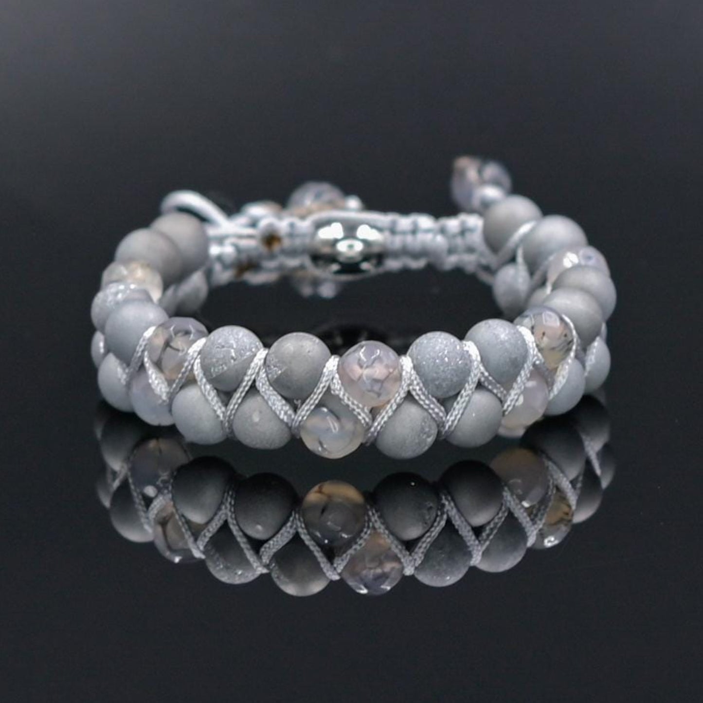 Men's Grey Druzy Agate Bracelet Double Row Bracelet Gemstone Beads Bracelet Gift for Men Adjustable Stone Bracelet Macrame Bracelet for Men - Shamballa Bracelet - Mantra Bracelet - Yoga Bracelet - Birthstone Bracelet - Gemstone Bracelet Men - Chakra Bracelet - Macrame Bracelet - Healing Bracelet - Gift for Father - Gift For Men - Valinde