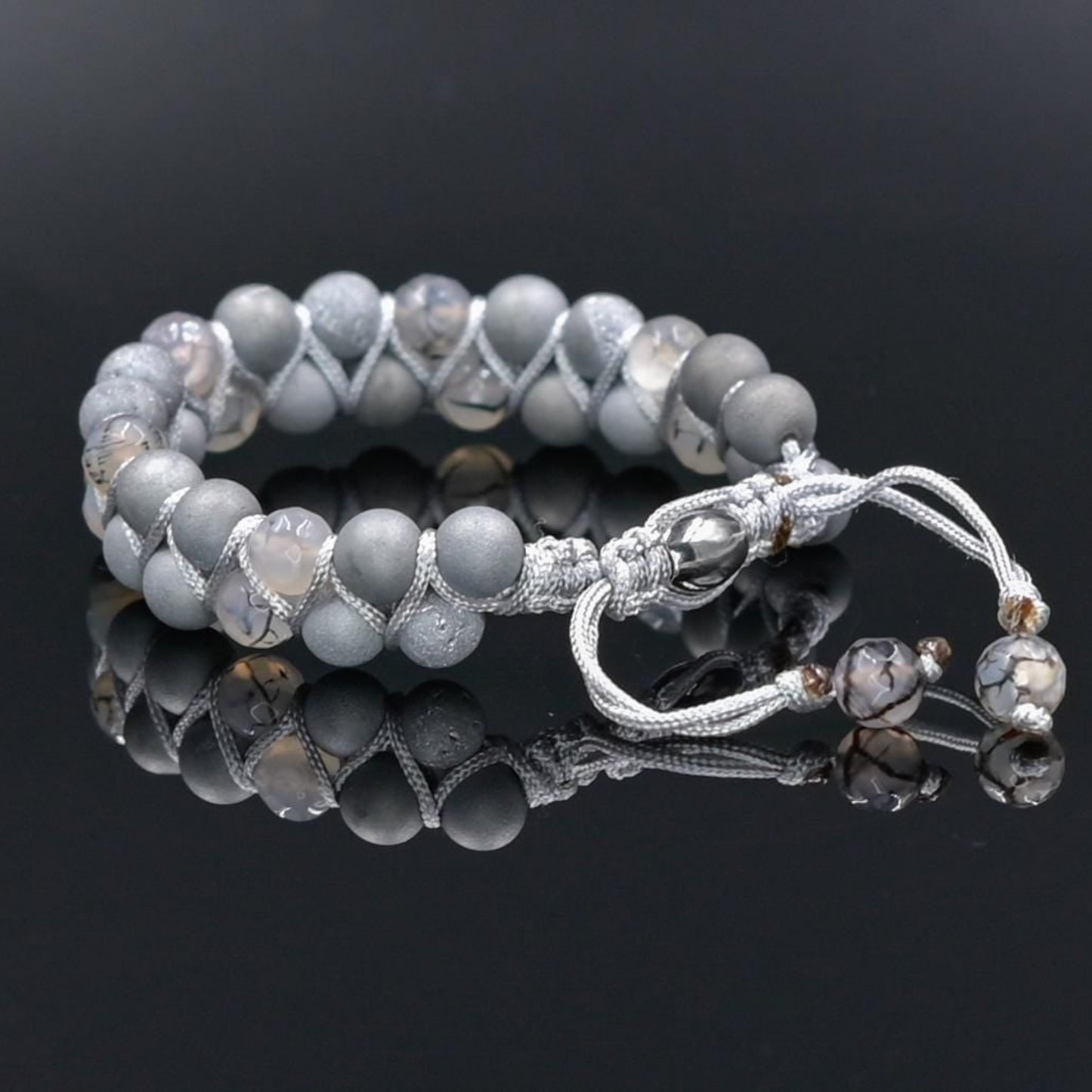 Men's Grey Druzy Agate Bracelet Double Row Bracelet Gemstone Beads Bracelet Gift for Men Adjustable Stone Bracelet Macrame Bracelet for Men - Shamballa Bracelet - Mantra Bracelet - Yoga Bracelet - Birthstone Bracelet - Gemstone Bracelet Men - Chakra Bracelet - Macrame Bracelet - Healing Bracelet - Gift for Father - Gift For Men - Valinde