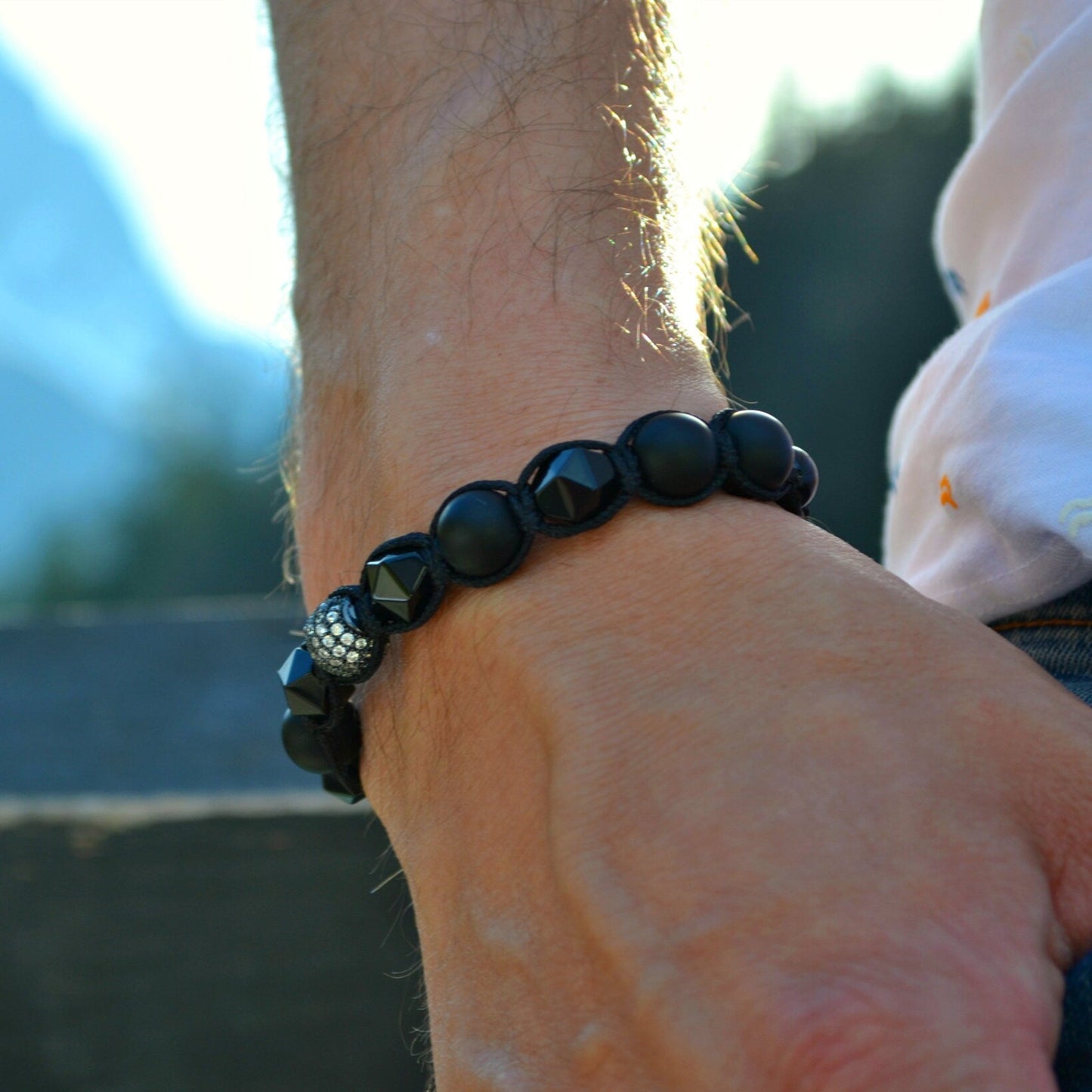 Men's Black Agate Bead Bracelet Cubic Zirconia Bracelet Black Onyx Bracelet Macrame Adjustable Bracelet Luxury Bracelet Gift for Men - Shamballa Bracelet - Mantra Bracelet - Birthstone Bracelet - Gemstone Bracelet Men - Chakra Bracelet - Macrame Bracelet - Healing Bracelet - Valinde