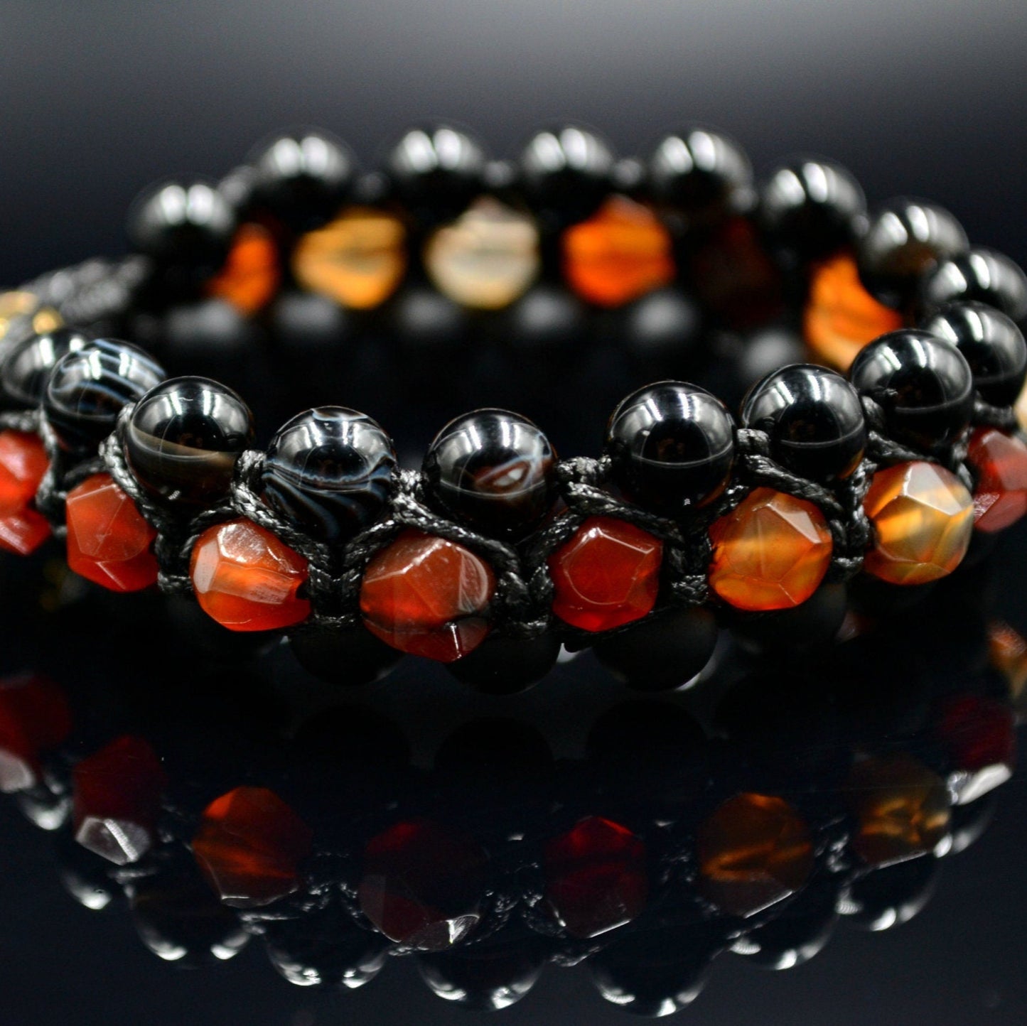 Men's Fire Agate Bracelet 3 Row Bracelet Macrame Beaded Bracelet Black Onyx Stone Bracelet Crystal Jewelry Gemstone Beads Bracelet - Shamballa Bracelet - Birthstone Bracelet - Gemstone Bracelet Men - Chakra Bracelet - Macrame Bracelet - Healing Bracelet - Valinde