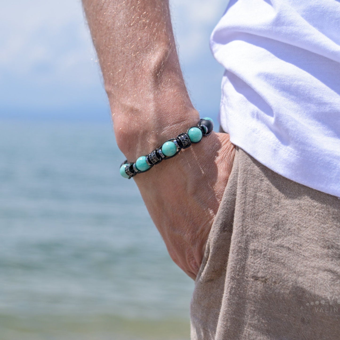 Gemstone Amazonite Bracelet Men, Men's Onyx Hematite Beaded Bracelet, Summer Bracelet, Gift for Men, Adjustable Macrame Bracelet, Men's Gift - Shamballa Bracelet - Mantra Bracelet - Birthstone Bracelet - Gemstone Bracelet Men - Chakra Bracelet - Macrame Bracelet - Healing Bracelet - Valinde