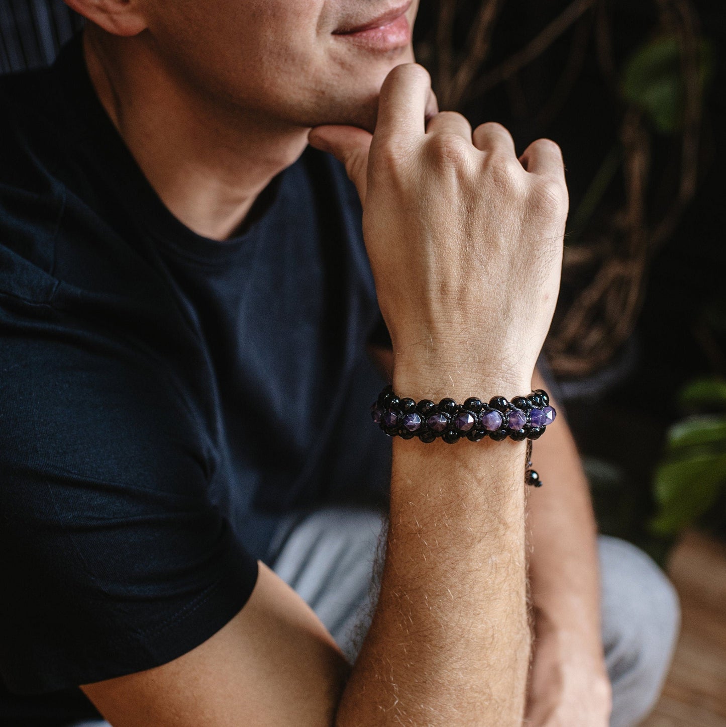 Amethyst Crystal Bracelet Men's 3 Row Bracelet Black Agate Bracelet Gifts for Men Triple Bead Bracelet Birthstone Bracelet Macrame Bracelet - Shamballa Bracelet - Birthstone Bracelet - Gemstone Bracelet Men - Chakra Bracelet - Macrame Bracelet - Healing Bracelet - Valinde