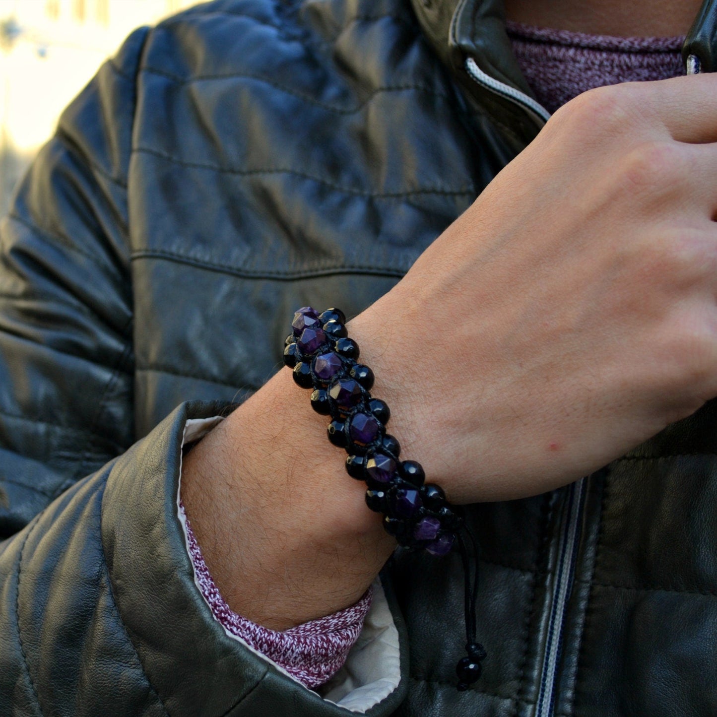 Amethyst Crystal Bracelet Men's 3 Row Bracelet Black Agate Bracelet Gifts for Men Triple Bead Bracelet Birthstone Bracelet Macrame Bracelet - Shamballa Bracelet - Birthstone Bracelet - Gemstone Bracelet Men - Chakra Bracelet - Macrame Bracelet - Healing Bracelet - Valinde