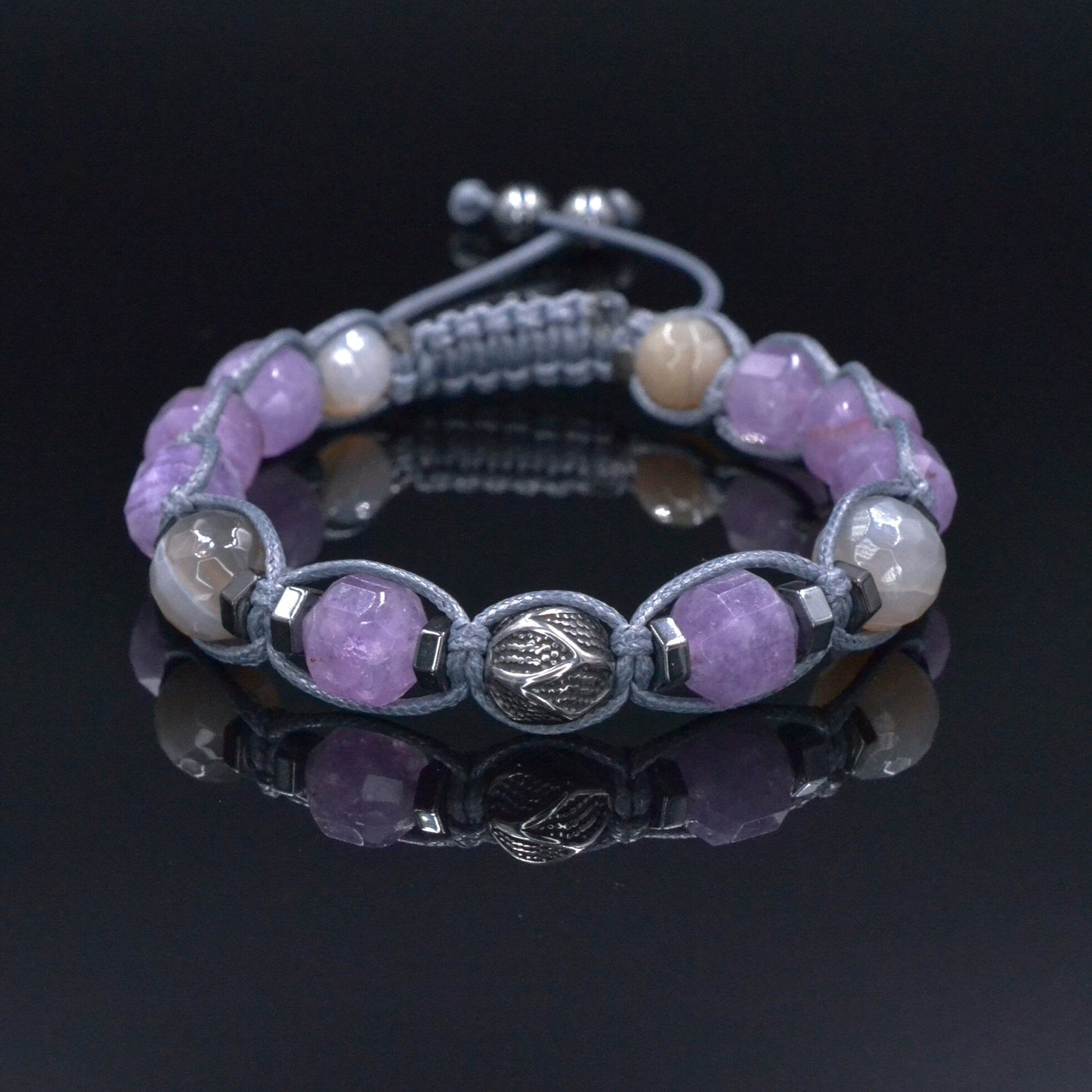 Amethyst Agate Bracelet, Men's Steel Bead Adjustable Bracelet, Gift for Men, Light Purple Beaded Bracelet, Christmas Gift, Macrame Bracelet - Shamballa Bracelet - Mantra Bracelet - Birthstone Bracelet - Gemstone Bracelet Men - Chakra Bracelet - Macrame Bracelet - Healing Bracelet - Valinde