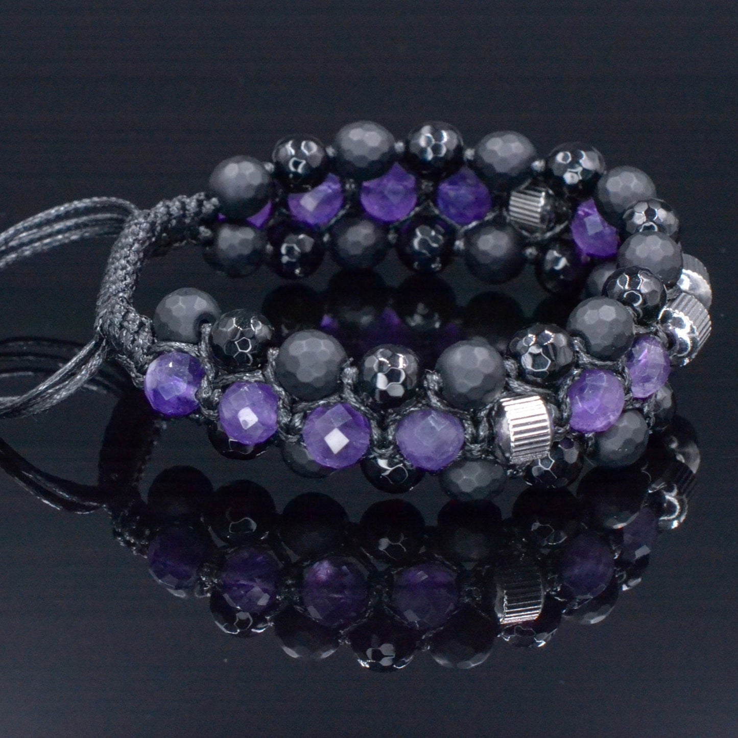 Amethyst Triple Bracelet - Men's Black Onyx Agate Macrame Adjustable Bracelet - Three Row Bracelet - Wide Crystal Bracelet - Gift for Men- Shamballa Bracelet - Birthstone Bracelet - Gemstone Bracelet Men - Chakra Bracelet - Macrame Bracelet - Healing Bracelet - Valinde