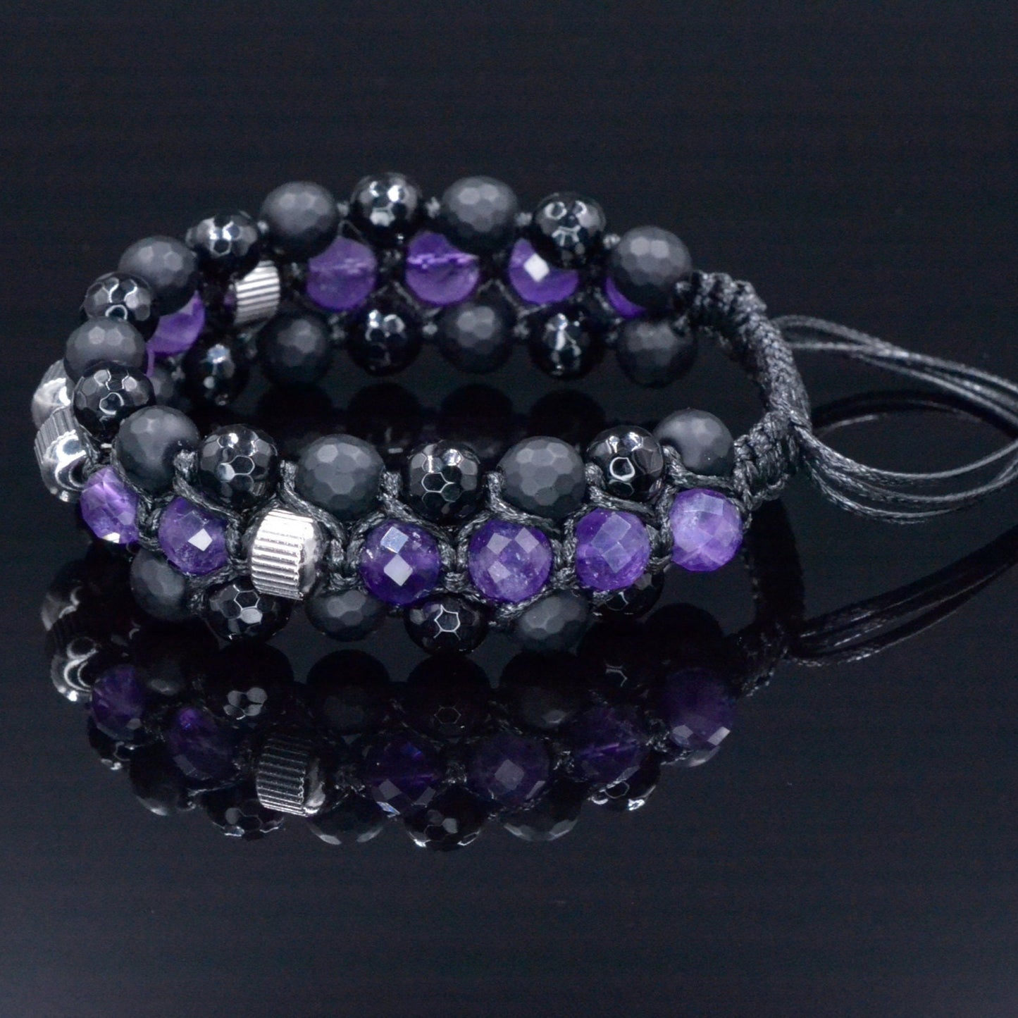 Amethyst Triple Bracelet - Men's Black Onyx Agate Macrame Adjustable Bracelet - Three Row Bracelet - Wide Crystal Bracelet - Gift for Men- Shamballa Bracelet - Birthstone Bracelet - Gemstone Bracelet Men - Chakra Bracelet - Macrame Bracelet - Healing Bracelet - Valinde