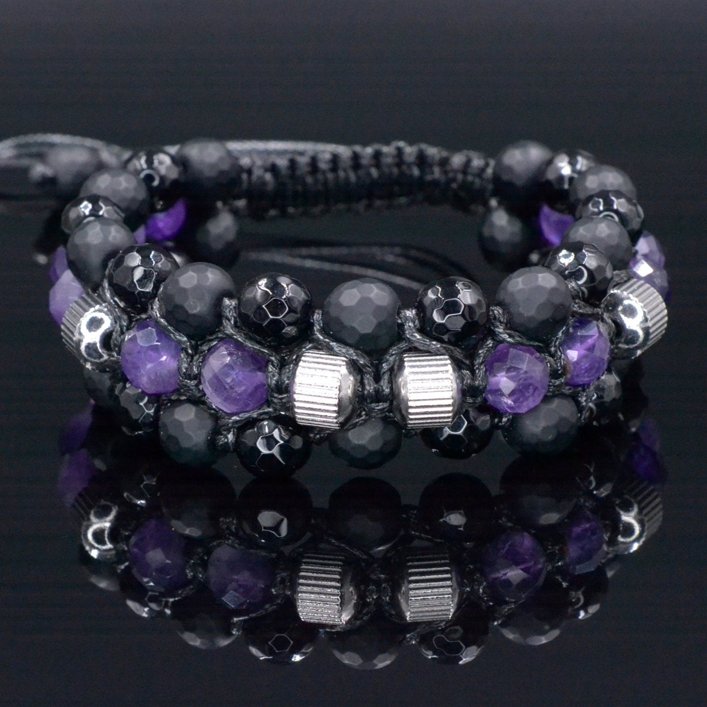 Amethyst Triple Bracelet - Men's Black Onyx Agate Macrame Adjustable Bracelet - Three Row Bracelet - Wide Crystal Bracelet - Gift for Men- Shamballa Bracelet - Birthstone Bracelet - Gemstone Bracelet Men - Chakra Bracelet - Macrame Bracelet - Healing Bracelet - Valinde