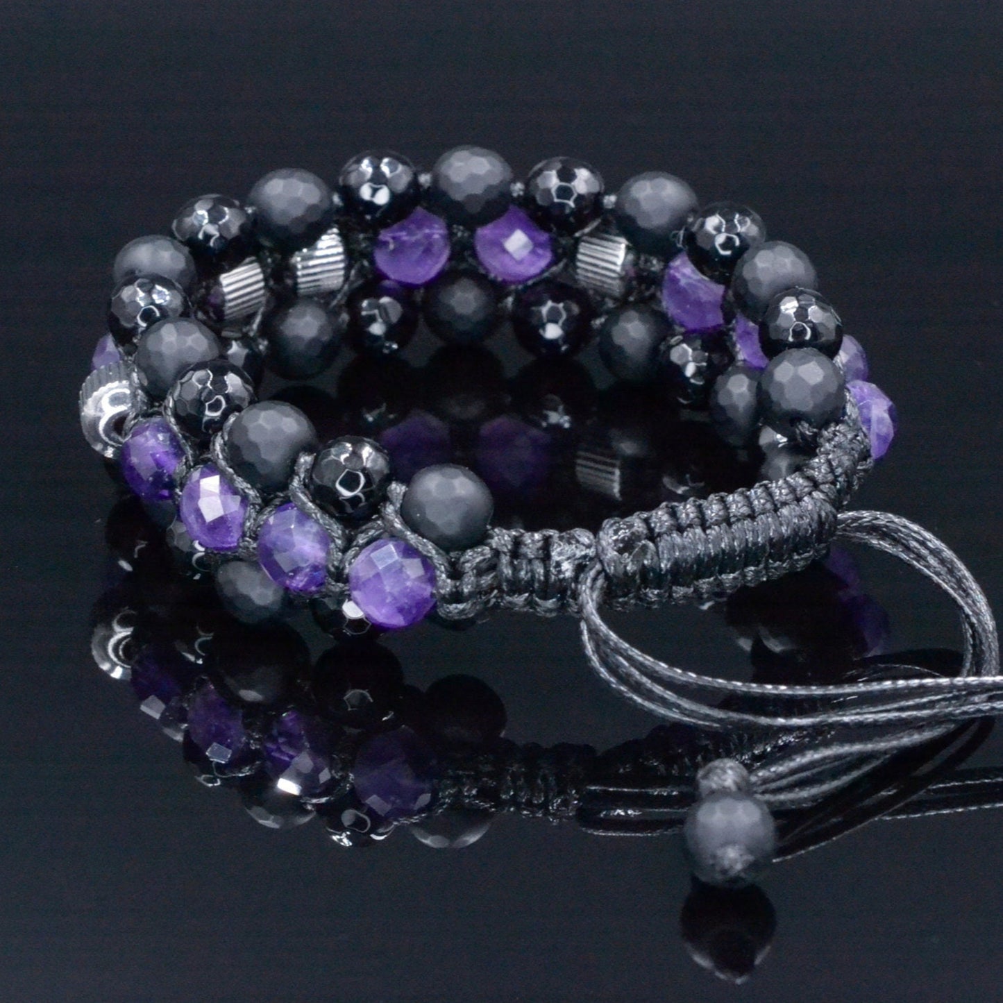 Amethyst Triple Bracelet - Men's Black Onyx Agate Macrame Adjustable Bracelet - Three Row Bracelet - Wide Crystal Bracelet - Gift for Men- Shamballa Bracelet - Birthstone Bracelet - Gemstone Bracelet Men - Chakra Bracelet - Macrame Bracelet - Healing Bracelet - Valinde
