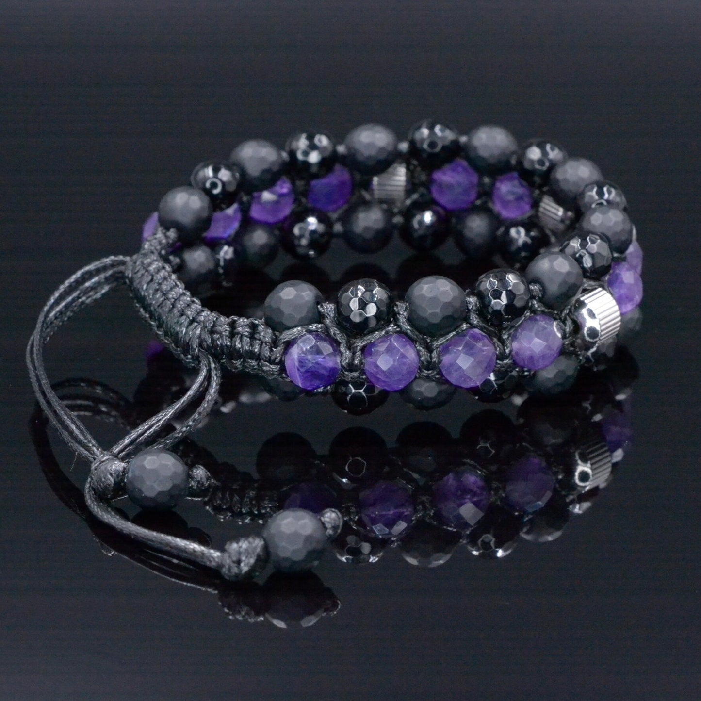 Amethyst Triple Bracelet - Men's Black Onyx Agate Macrame Adjustable Bracelet - Three Row Bracelet - Wide Crystal Bracelet - Gift for Men- Shamballa Bracelet - Birthstone Bracelet - Gemstone Bracelet Men - Chakra Bracelet - Macrame Bracelet - Healing Bracelet - Valinde