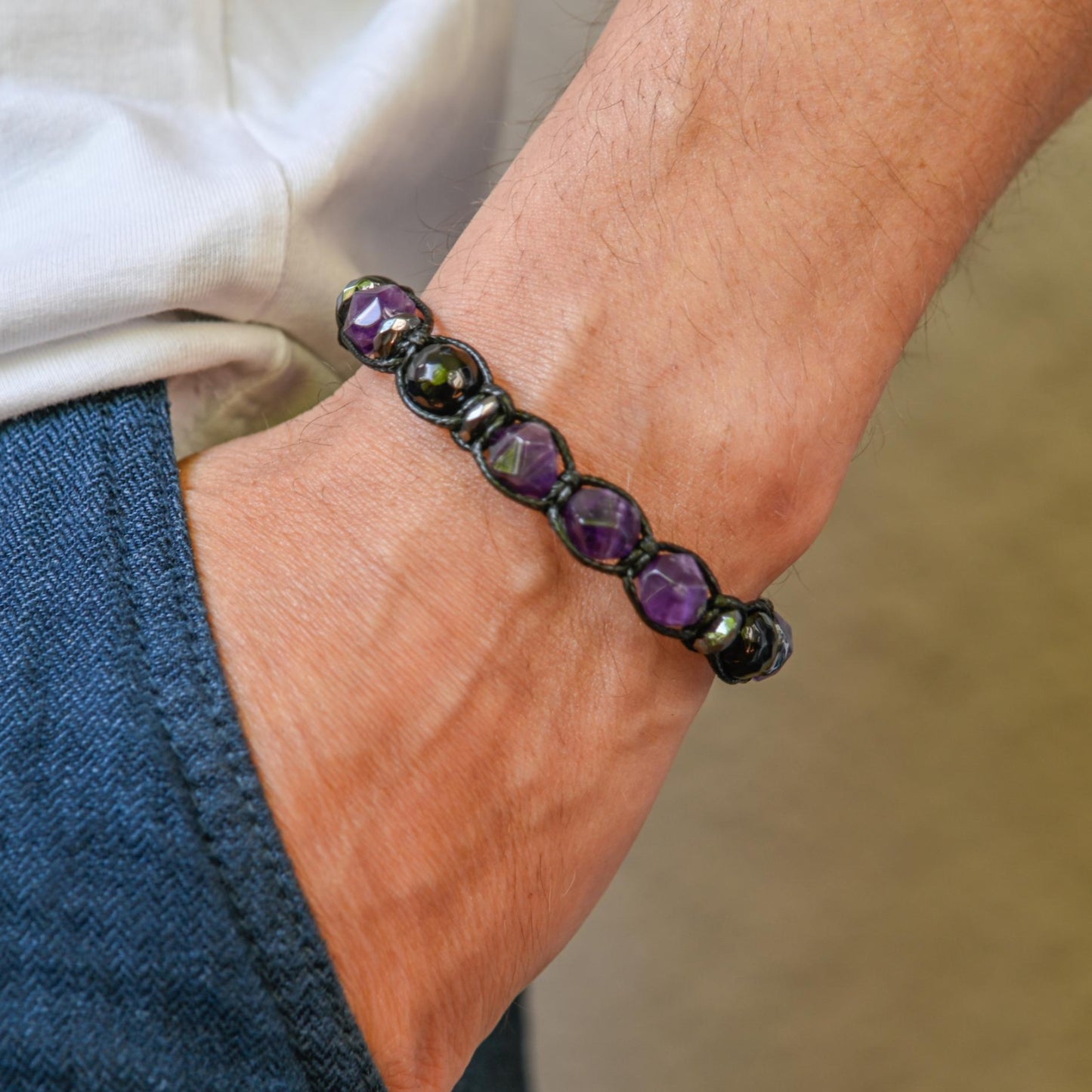 Men's Amethyst Bead Bracelet Black Onyx and Hematite Bracelet Gift for Man Father's Day Gift Adjustable Stone Bracelet Gift for Men - Shamballa Bracelet - Mantra Bracelet - Yoga Bracelet - Birthstone Bracelet - Gemstone Bracelet Men - Chakra Bracelet - Macrame Bracelet - Healing Bracelet - Gift for Father - Gift For Men - Valinde