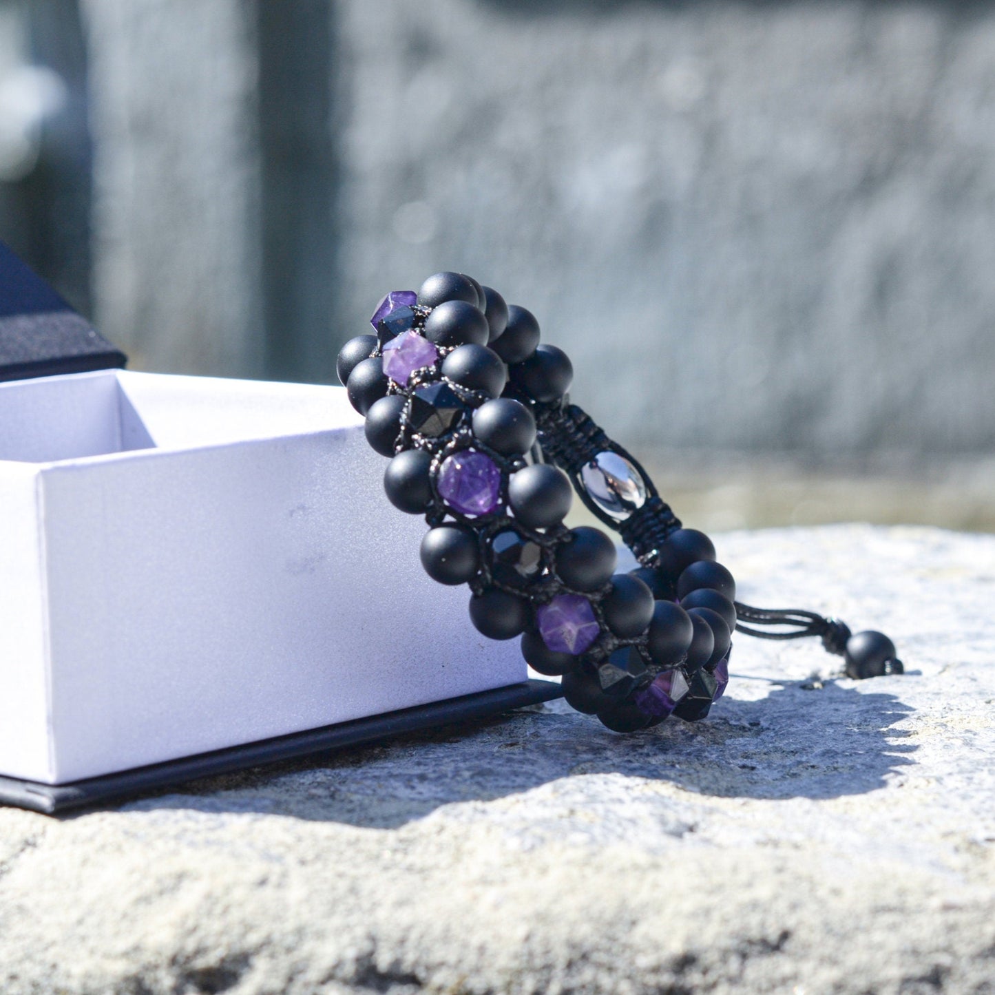 Men's Amethyst Crystal Bracelet - 3 Row Stone Bracelet - Agate Bracelet -Gemstone Bracelet - Gift for Men -Beaded Bracelet - Wide Bracelet - Shamballa Bracelet - Birthstone Bracelet - Gemstone Bracelet Men - Chakra Bracelet - Macrame Bracelet - Healing Bracelet