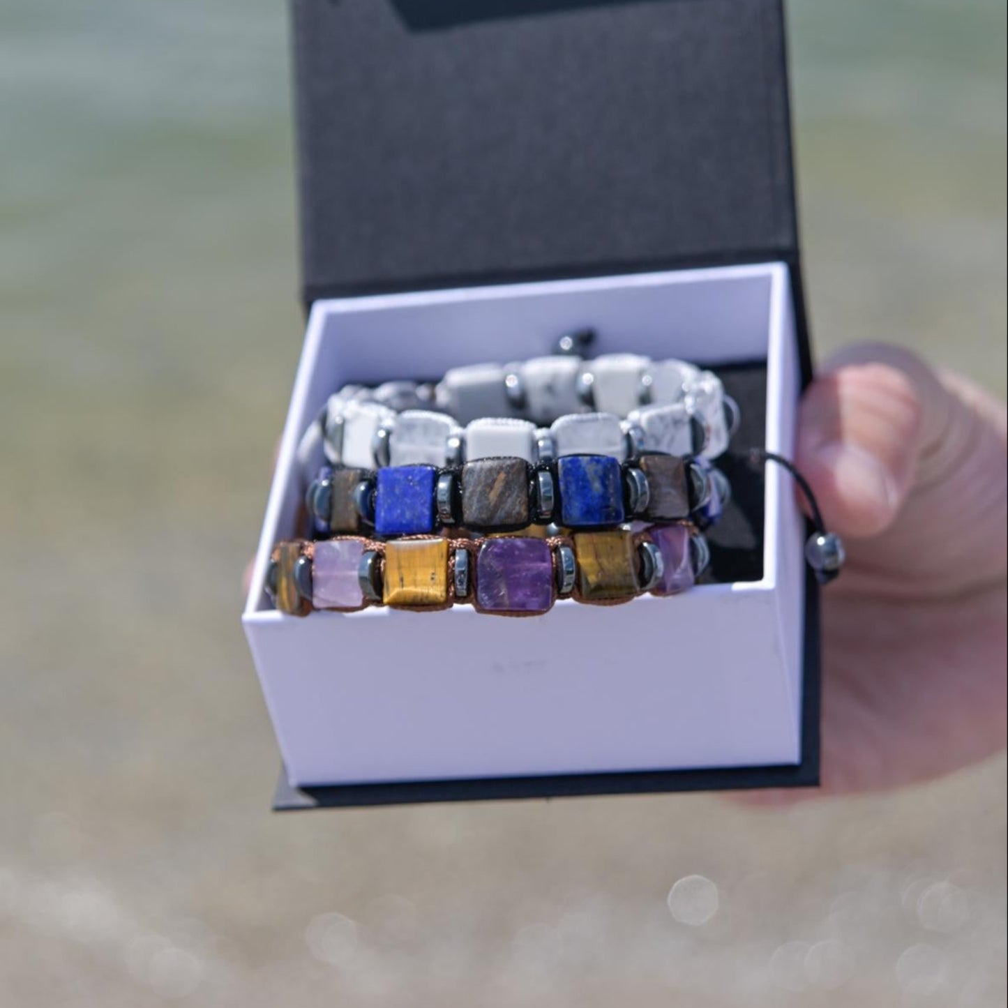 Tiger's Eye Amethyst Flat Beads Bracelet, Men's Adjustable Gemstone Bracelet, Square Beads Bracelet, Gift for Men, Beaded Bracelet for Men - Shamballa Bracelet - Mantra Bracelet - Birthstone Bracelet - Gemstone Bracelet Men - Chakra Bracelet - Macrame Bracelet - Healing Bracelet - Valinde