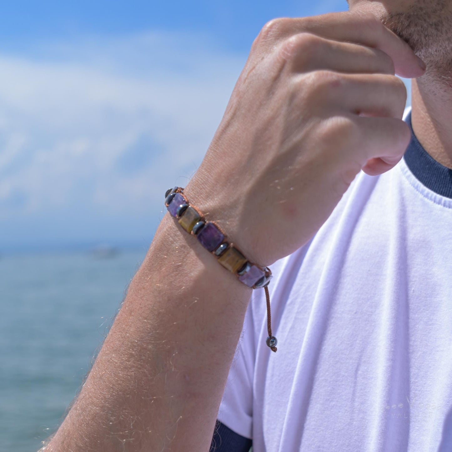 Tiger's Eye Amethyst Flat Beads Bracelet, Men's Adjustable Gemstone Bracelet, Square Beads Bracelet, Gift for Men, Beaded Bracelet for Men - Shamballa Bracelet - Mantra Bracelet - Birthstone Bracelet - Gemstone Bracelet Men - Chakra Bracelet - Macrame Bracelet - Healing Bracelet - Valinde