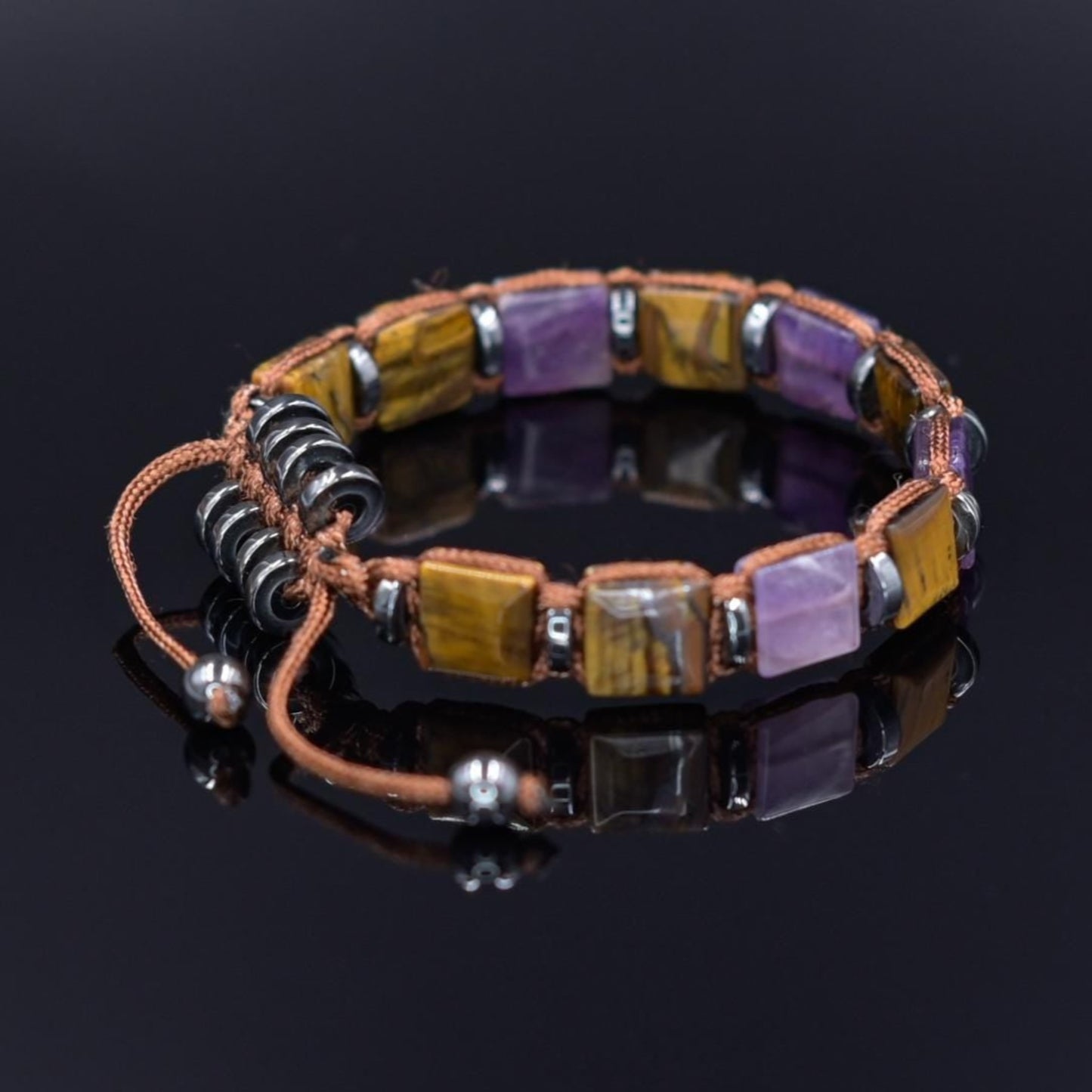Tiger's Eye Amethyst Flat Beads Bracelet, Men's Adjustable Gemstone Bracelet, Square Beads Bracelet, Gift for Men, Beaded Bracelet for Men - Shamballa Bracelet - Mantra Bracelet - Birthstone Bracelet - Gemstone Bracelet Men - Chakra Bracelet - Macrame Bracelet - Healing Bracelet - Valinde