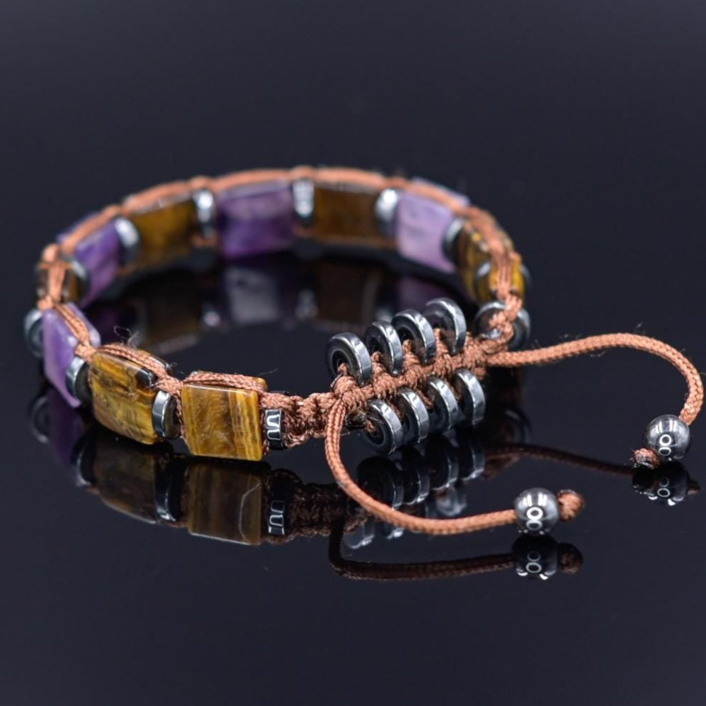 Tiger's Eye Amethyst Flat Beads Bracelet, Men's Adjustable Gemstone Bracelet, Square Beads Bracelet, Gift for Men, Beaded Bracelet for Men - Shamballa Bracelet - Mantra Bracelet - Birthstone Bracelet - Gemstone Bracelet Men - Chakra Bracelet - Macrame Bracelet - Healing Bracelet - Valinde