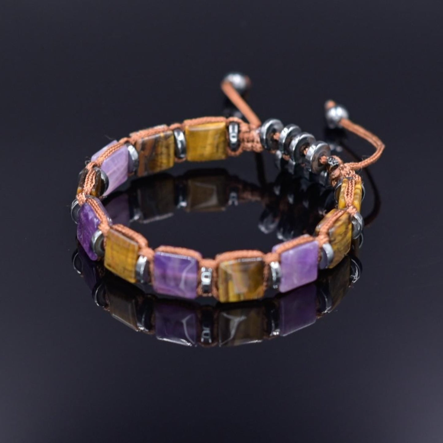 Tiger's Eye Amethyst Flat Beads Bracelet, Men's Adjustable Gemstone Bracelet, Square Beads Bracelet, Gift for Men, Beaded Bracelet for Men - Shamballa Bracelet - Mantra Bracelet - Birthstone Bracelet - Gemstone Bracelet Men - Chakra Bracelet - Macrame Bracelet - Healing Bracelet - Valinde