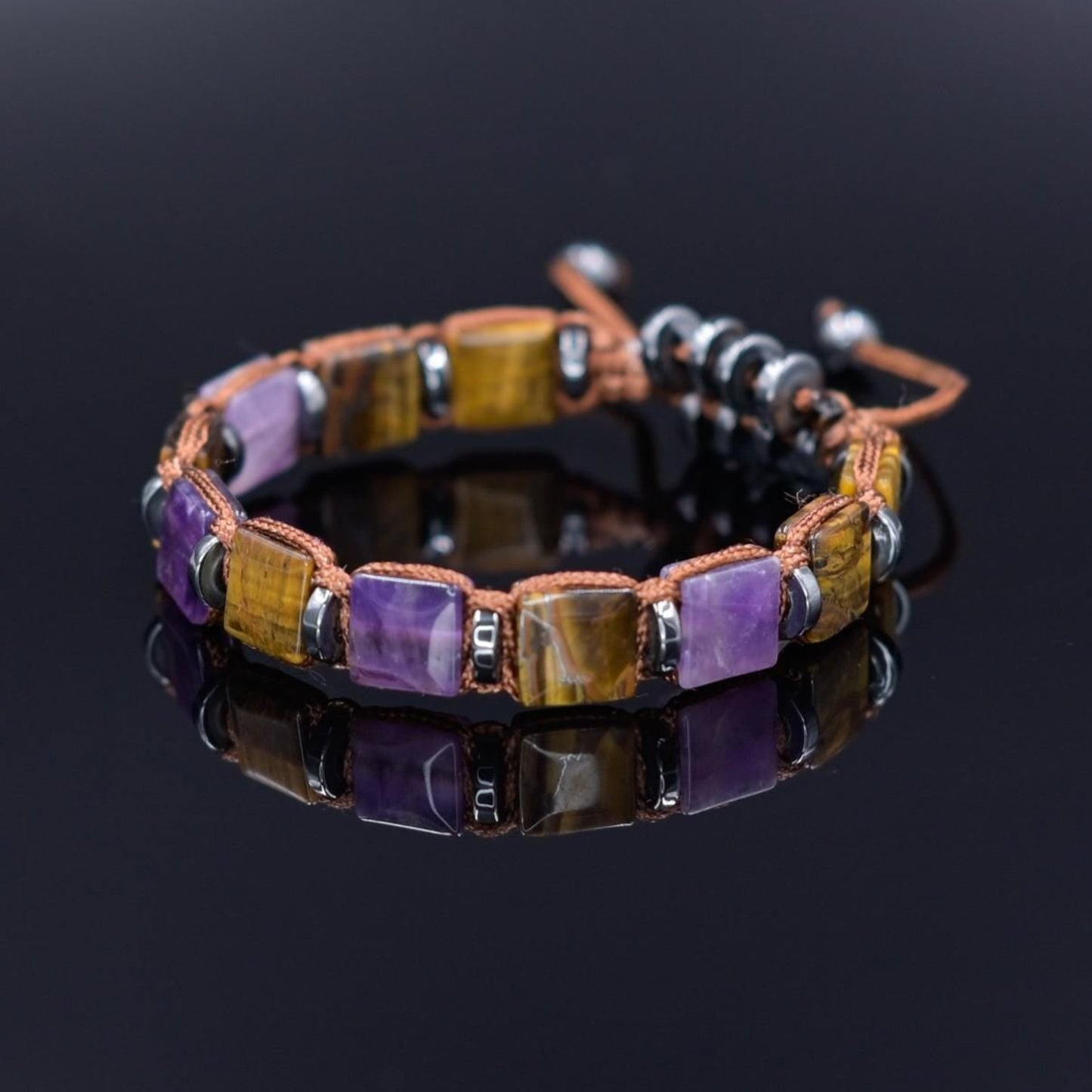 Tiger's Eye Amethyst Flat Beads Bracelet, Men's Adjustable Gemstone Bracelet, Square Beads Bracelet, Gift for Men, Beaded Bracelet for Men - Shamballa Bracelet - Mantra Bracelet - Birthstone Bracelet - Gemstone Bracelet Men - Chakra Bracelet - Macrame Bracelet - Healing Bracelet - Valinde