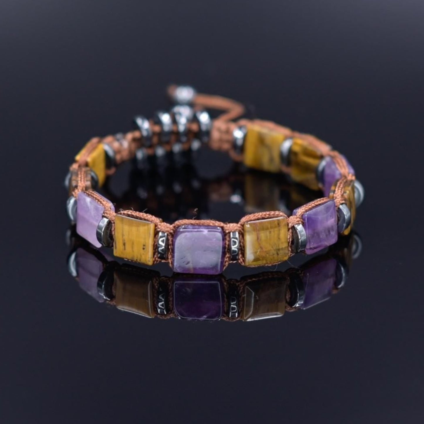 Tiger's Eye Amethyst Flat Beads Bracelet, Men's Adjustable Gemstone Bracelet, Square Beads Bracelet, Gift for Men, Beaded Bracelet for Men - Shamballa Bracelet - Mantra Bracelet - Birthstone Bracelet - Gemstone Bracelet Men - Chakra Bracelet - Macrame Bracelet - Healing Bracelet - Valinde