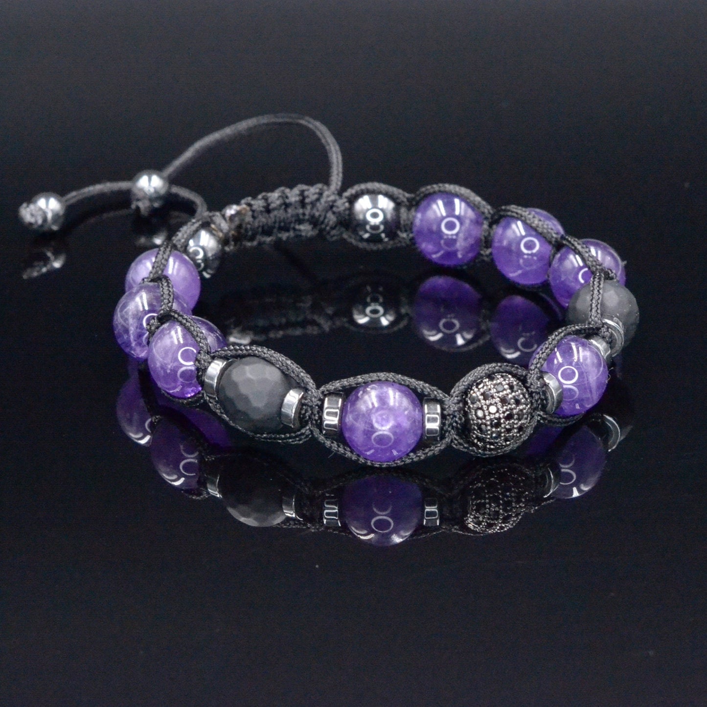 Amethyst Crystal Beaded Bracelet - Men's Black Onyx Braided Bracelet - Adjustable Bracelet for Men - CZ Bead Bracelet - Gift for Men - Shamballa Bracelet - Birthstone Bracelet - Gemstone Bracelet Men - Chakra Bracelet - Macrame Bracelet - Healing Bracelet - Valinde - Shamballa Bracelet - Birthstone Bracelet - Gemstone Bracelet Men - Chakra Bracelet - Macrame Bracelet - Healing Bracelet - Valinde