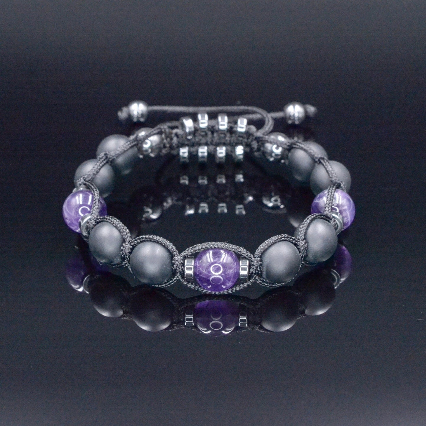 Men's Black Onyx Amethyst Bracelet - Hematite Stone Adjustable Bracelet - Crystal Beaded Bracelet - Gift for Men - Father's Day Gift - Macrame Beaded Bracelet - Birthstone Bracelet - Gemstone Bracelet Men - Chakra Bracelet
