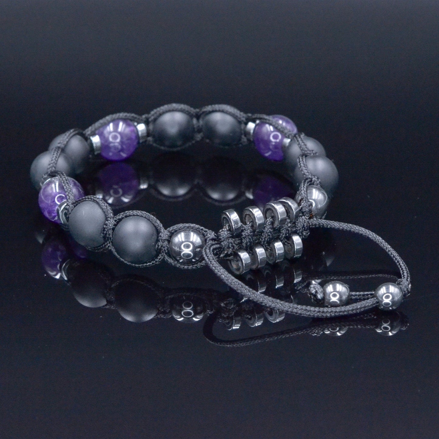 Men's Black Onyx Amethyst Bracelet - Hematite Stone Adjustable Bracelet - Crystal Beaded Bracelet - Gift for Men - Father's Day Gift - Macrame Beaded Bracelet - Birthstone Bracelet - Gemstone Bracelet Men - Chakra Bracelet