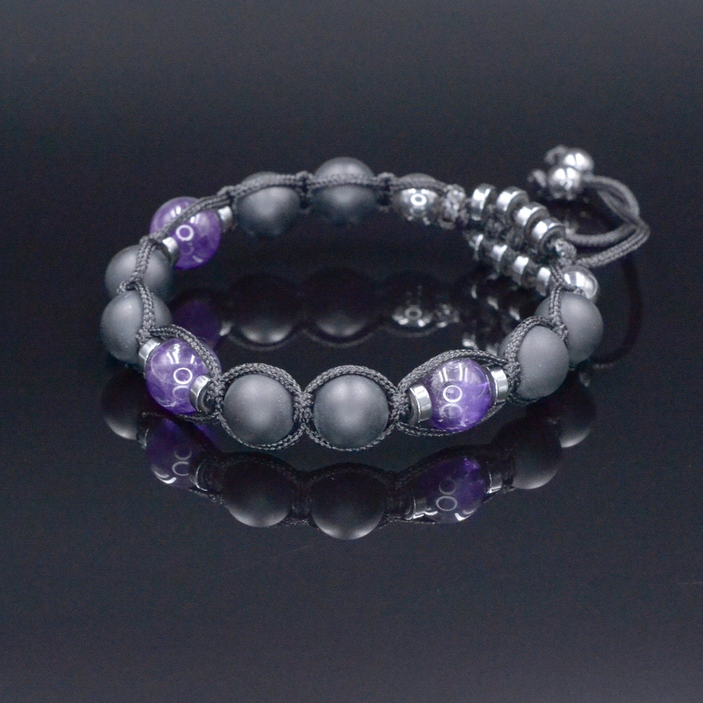 Men's Black Onyx Amethyst Bracelet - Hematite Stone Adjustable Bracelet - Crystal Beaded Bracelet - Gift for Men - Father's Day Gift - Macrame Beaded Bracelet - Birthstone Bracelet - Gemstone Bracelet Men - Chakra Bracelet