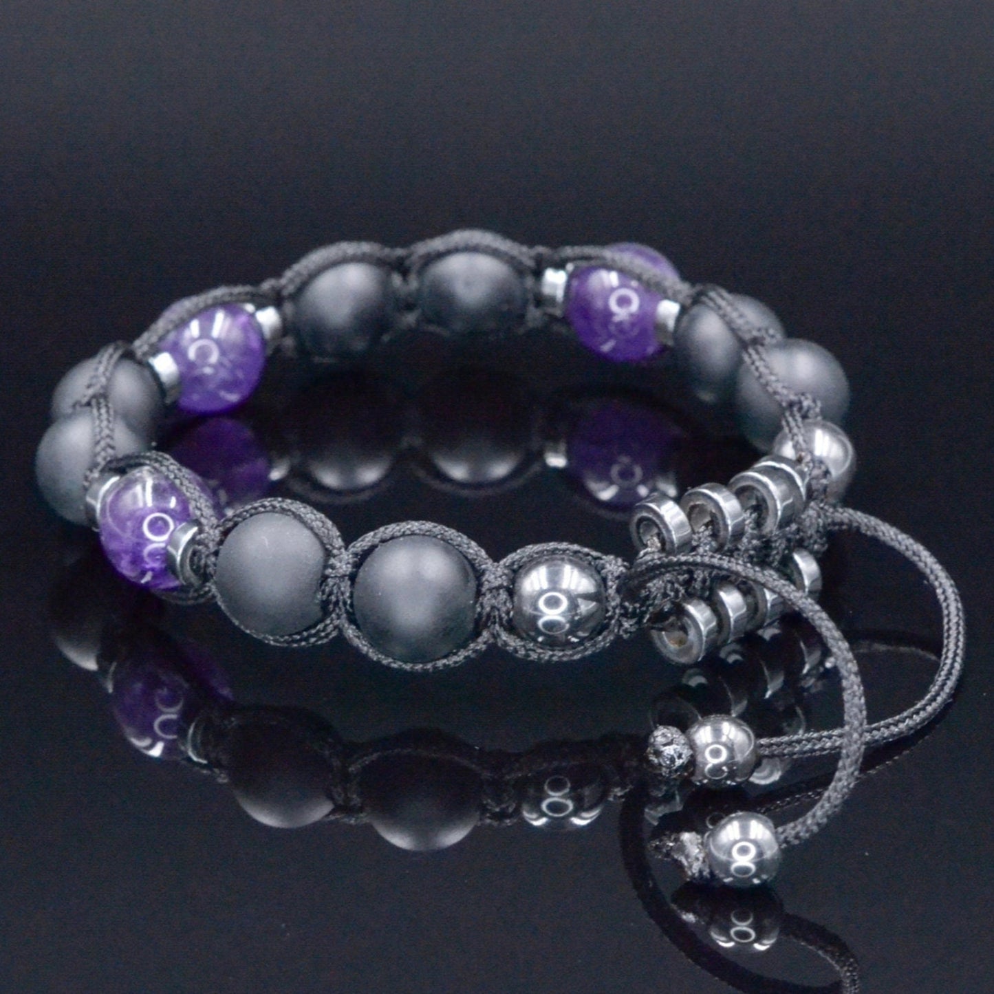 Men's Black Onyx Amethyst Bracelet - Hematite Stone Adjustable Bracelet - Crystal Beaded Bracelet - Gift for Men - Father's Day Gift - Macrame Beaded Bracelet - Birthstone Bracelet - Gemstone Bracelet Men - Chakra Bracelet
