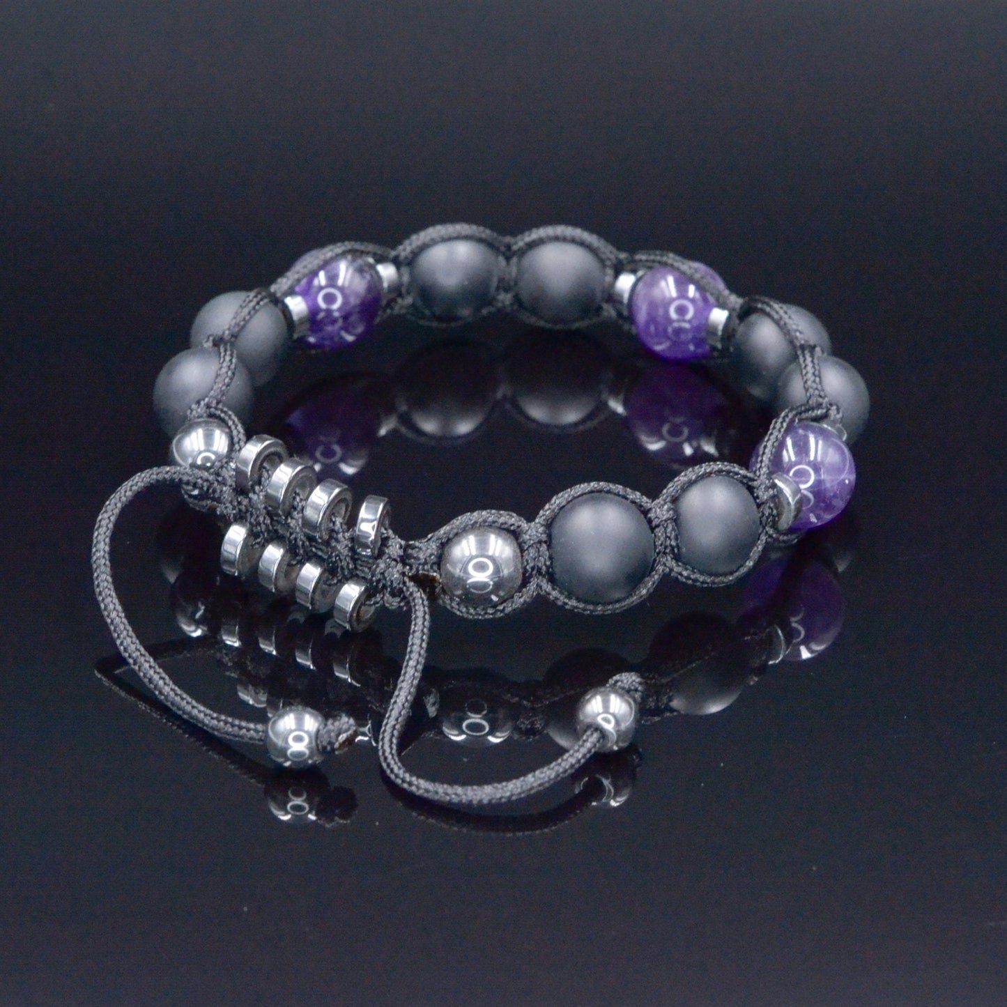 Men's Black Onyx Amethyst Bracelet - Hematite Stone Adjustable Bracelet - Crystal Beaded Bracelet - Gift for Men - Father's Day Gift - Macrame Beaded Bracelet - Birthstone Bracelet - Gemstone Bracelet Men - Chakra Bracelet