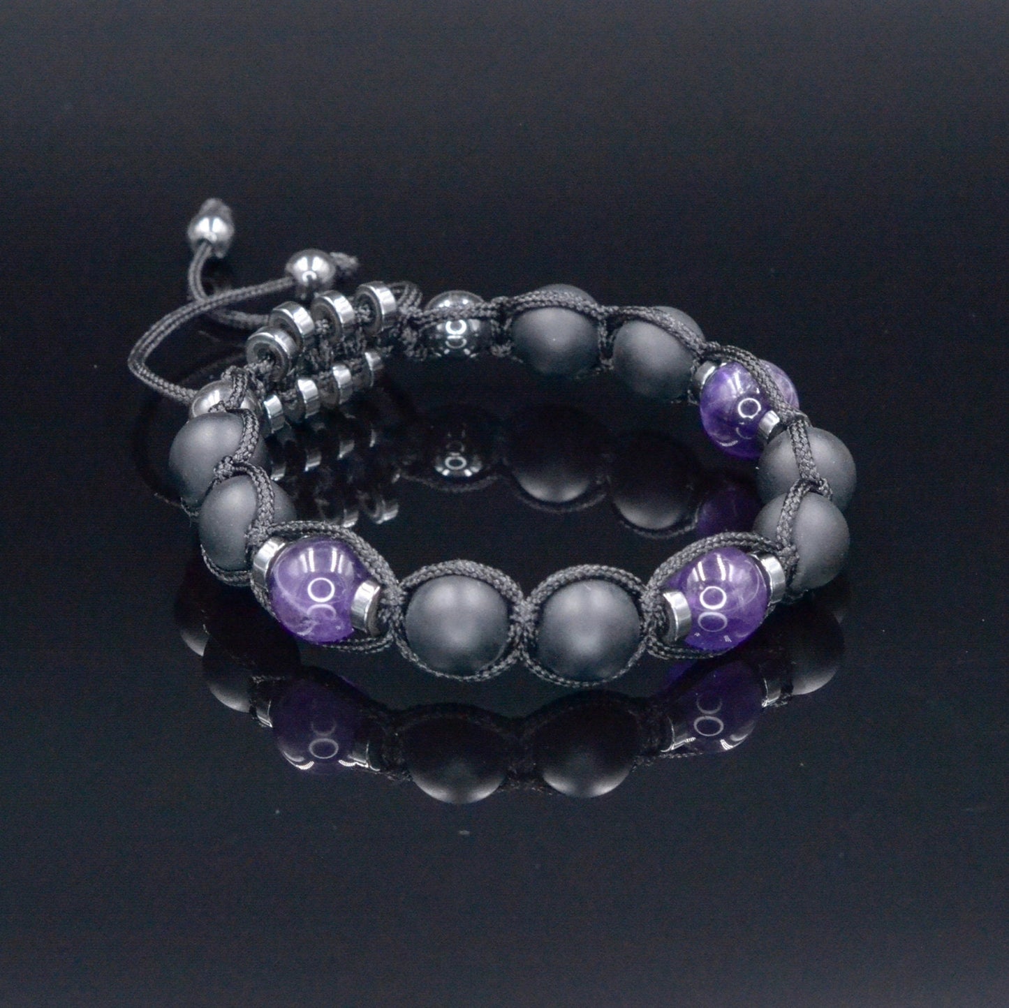 Men's Black Onyx Amethyst Bracelet - Hematite Stone Adjustable Bracelet - Crystal Beaded Bracelet - Gift for Men - Father's Day Gift - Macrame Beaded Bracelet - Birthstone Bracelet - Gemstone Bracelet Men - Chakra Bracelet