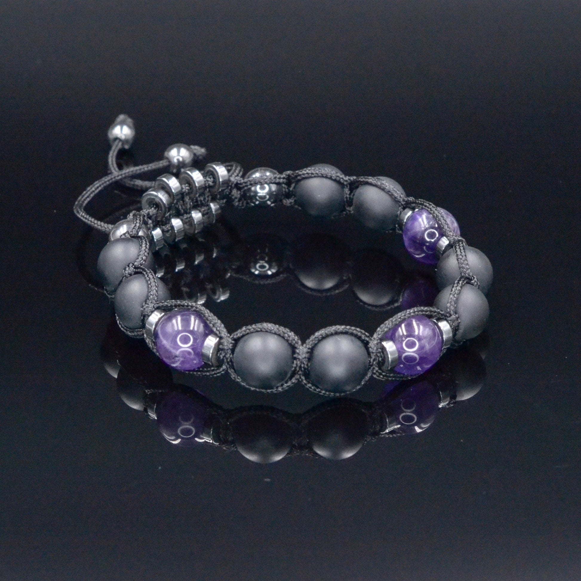 Men's Black Onyx Amethyst Bracelet - Hematite Stone Adjustable Bracelet - Crystal Beaded Bracelet - Gift for Men - Father's Day Gift - Macrame Beaded Bracelet - Birthstone Bracelet - Gemstone Bracelet Men - Chakra Bracelet