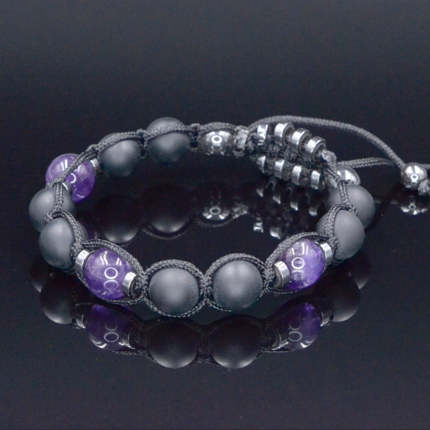 Men's Black Onyx Amethyst Bracelet - Hematite Stone Adjustable Bracelet - Crystal Beaded Bracelet - Gift for Men - Father's Day Gift - Macrame Beaded Bracelet - Birthstone Bracelet - Gemstone Bracelet Men - Chakra Bracelet