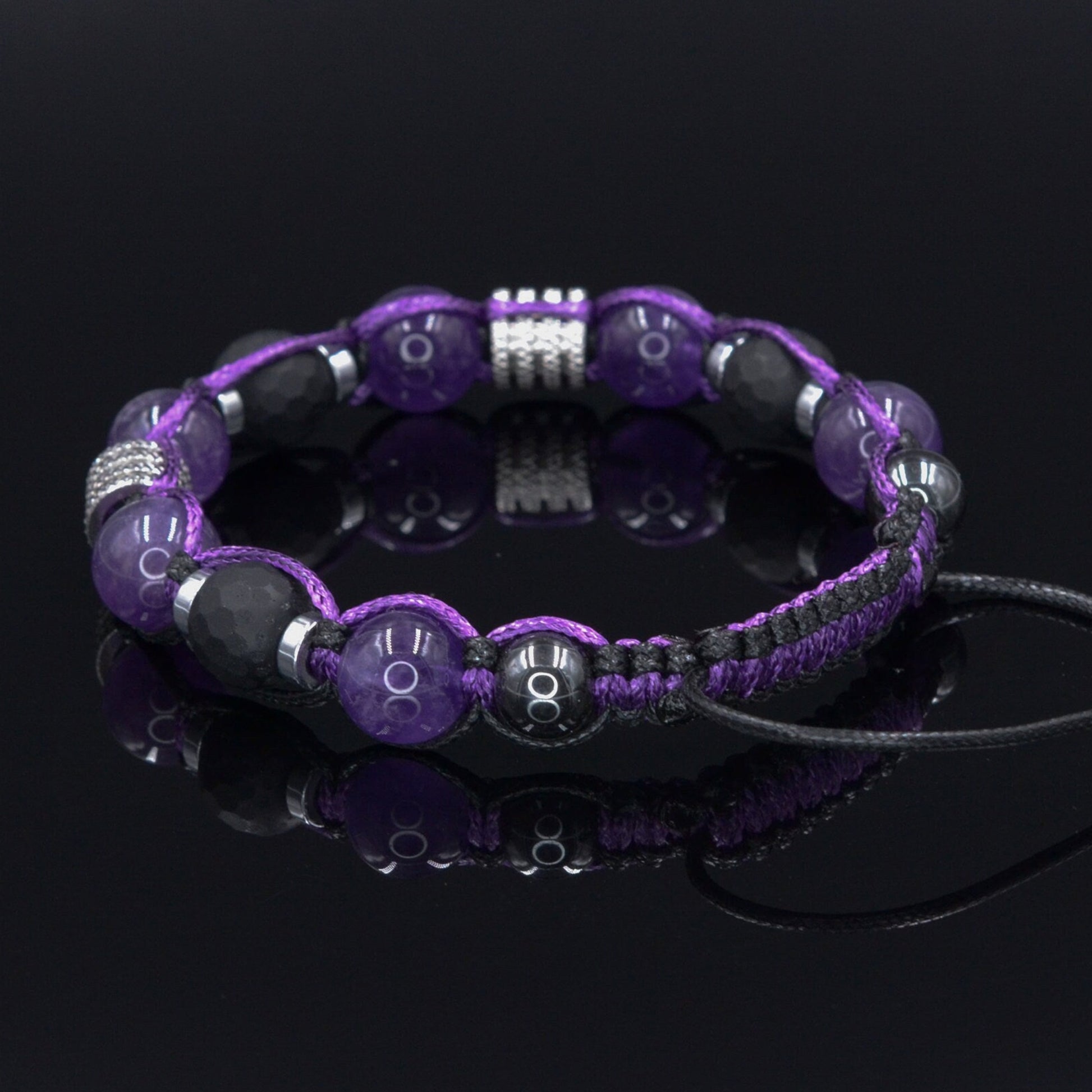 Men's Amethyst and Black Onyx Beaded Bracelet - Gift for Men - Adjustable Crystal Bracelet - Father's Day Gift - Macrame Braided Bracelet - Shamballa Bracelet - Birthstone Bracelet - Gemstone Bracelet Men - Chakra Bracelet - Macrame Bracelet - Healing Bracelet - Valinde - Shamballa Bracelet - Birthstone Bracelet - Gemstone Bracelet Men - Chakra Bracelet - Macrame Bracelet - Healing Bracelet - Valinde