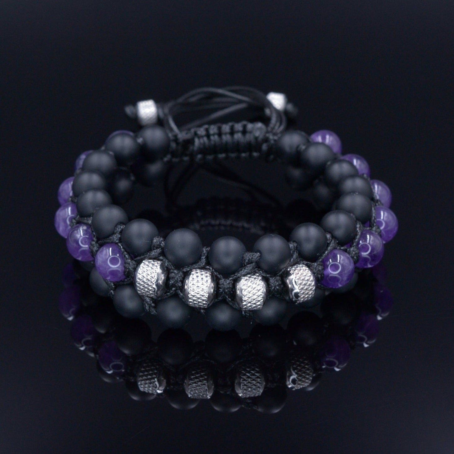 Men's Amethyst Crystal Macrame Bracelet - Steel Bead Bracelet - Three Row Bracelet - Gift for Men - Black Onyx Triple Bracelet - Men's Gift- Shamballa Bracelet - Birthstone Bracelet - Gemstone Bracelet Men - Chakra Bracelet - Macrame Bracelet - Healing Bracelet - Valinde
