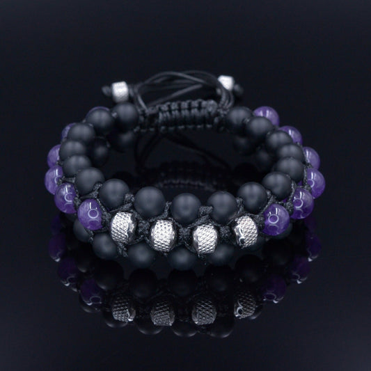 Men's Amethyst Crystal Macrame Bracelet - Steel Bead Bracelet - Three Row Bracelet - Gift for Men - Black Onyx Triple Bracelet - Men's Gift- Shamballa Bracelet - Birthstone Bracelet - Gemstone Bracelet Men - Chakra Bracelet - Macrame Bracelet - Healing Bracelet - Valinde