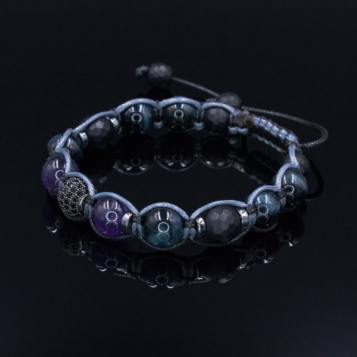 Men's Blue Tiger's Eye Bracelet - Amethyst Black Onyx Crystal Bracelet - Gift for Men - Adjustable Beaded Bracelet for Men - Men's Gift