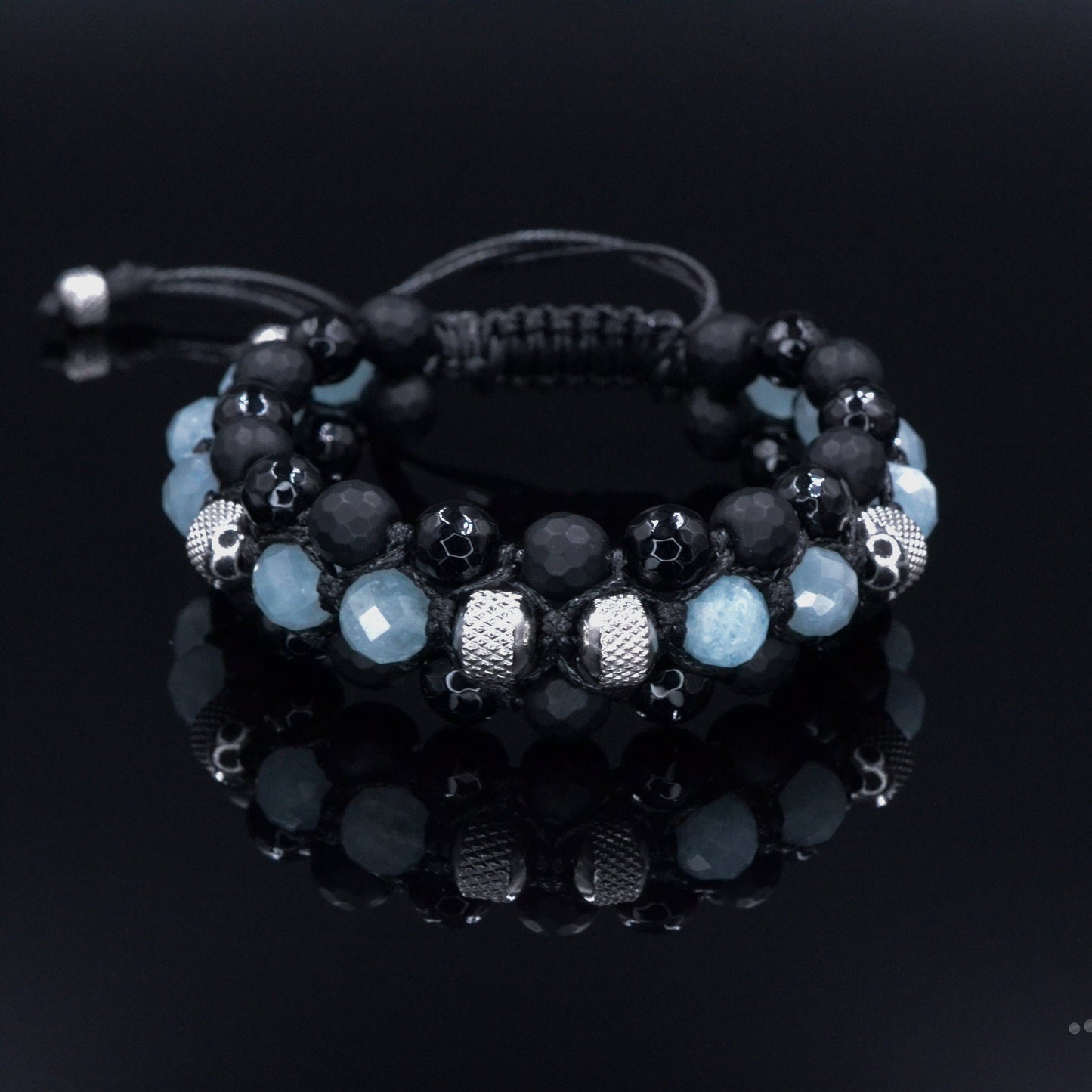 Men's Aquamarine Triple Bracelet - Black Onyx Agate Crystal Bracelet - Gift for Men - Adjustable Macrame Bracelet - Three Row Bracelet - Shamballa Bracelet - Birthstone Bracelet - Gemstone Bracelet Men - Chakra Bracelet - Macrame Bracelet - Healing Bracelet - Valinde
