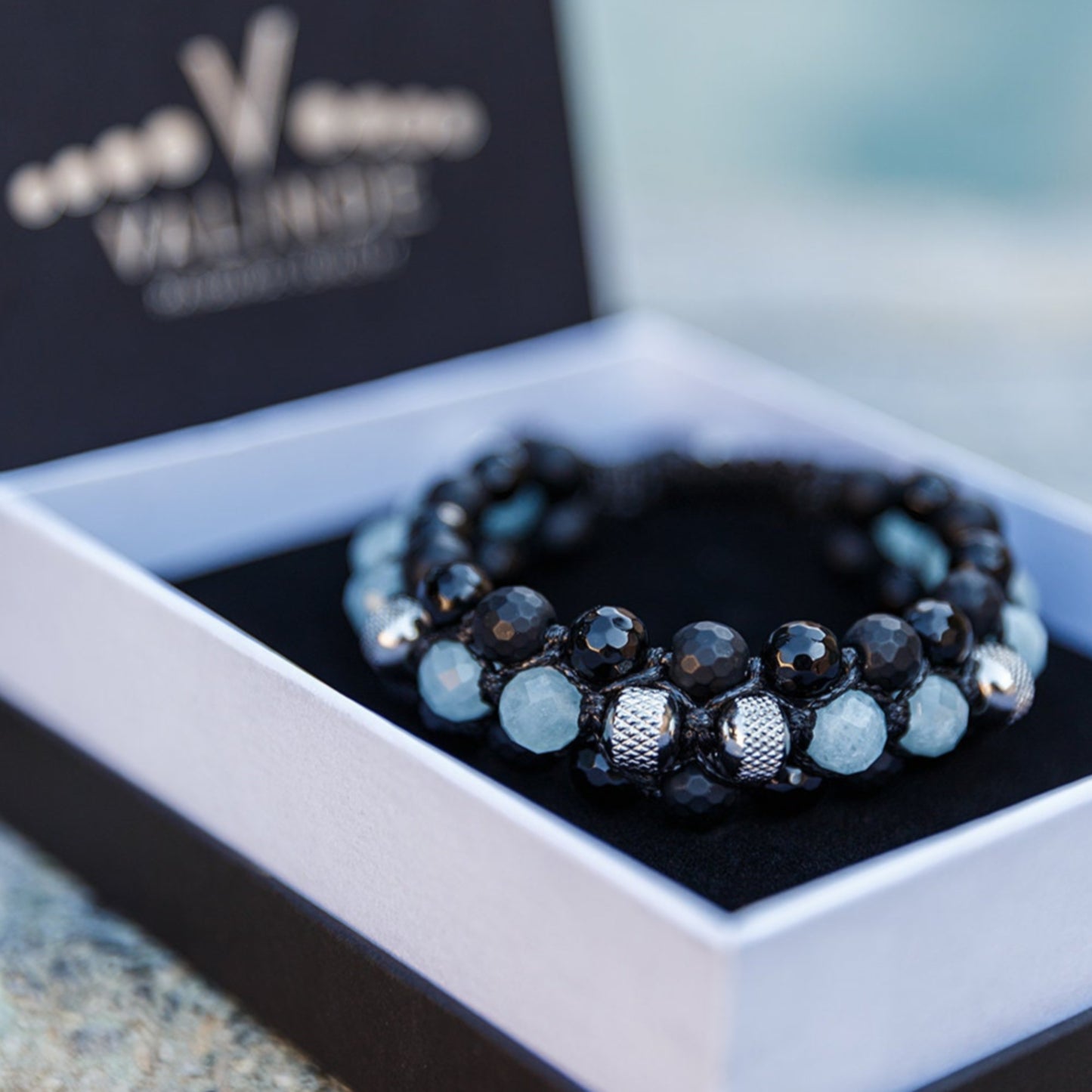 Men's Aquamarine Triple Bracelet - Black Onyx Agate Crystal Bracelet - Gift for Men - Adjustable Macrame Bracelet - Three Row Bracelet - Shamballa Bracelet - Birthstone Bracelet - Gemstone Bracelet Men - Chakra Bracelet - Macrame Bracelet - Healing Bracelet - Valinde
