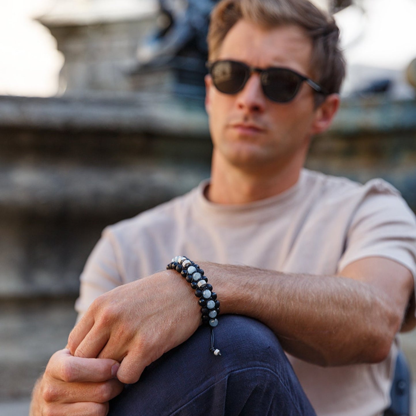 Men's Aquamarine Triple Bracelet - Black Onyx Agate Crystal Bracelet - Gift for Men - Adjustable Macrame Bracelet - Three Row Bracelet - Shamballa Bracelet - Birthstone Bracelet - Gemstone Bracelet Men - Chakra Bracelet - Macrame Bracelet - Healing Bracelet - Valinde