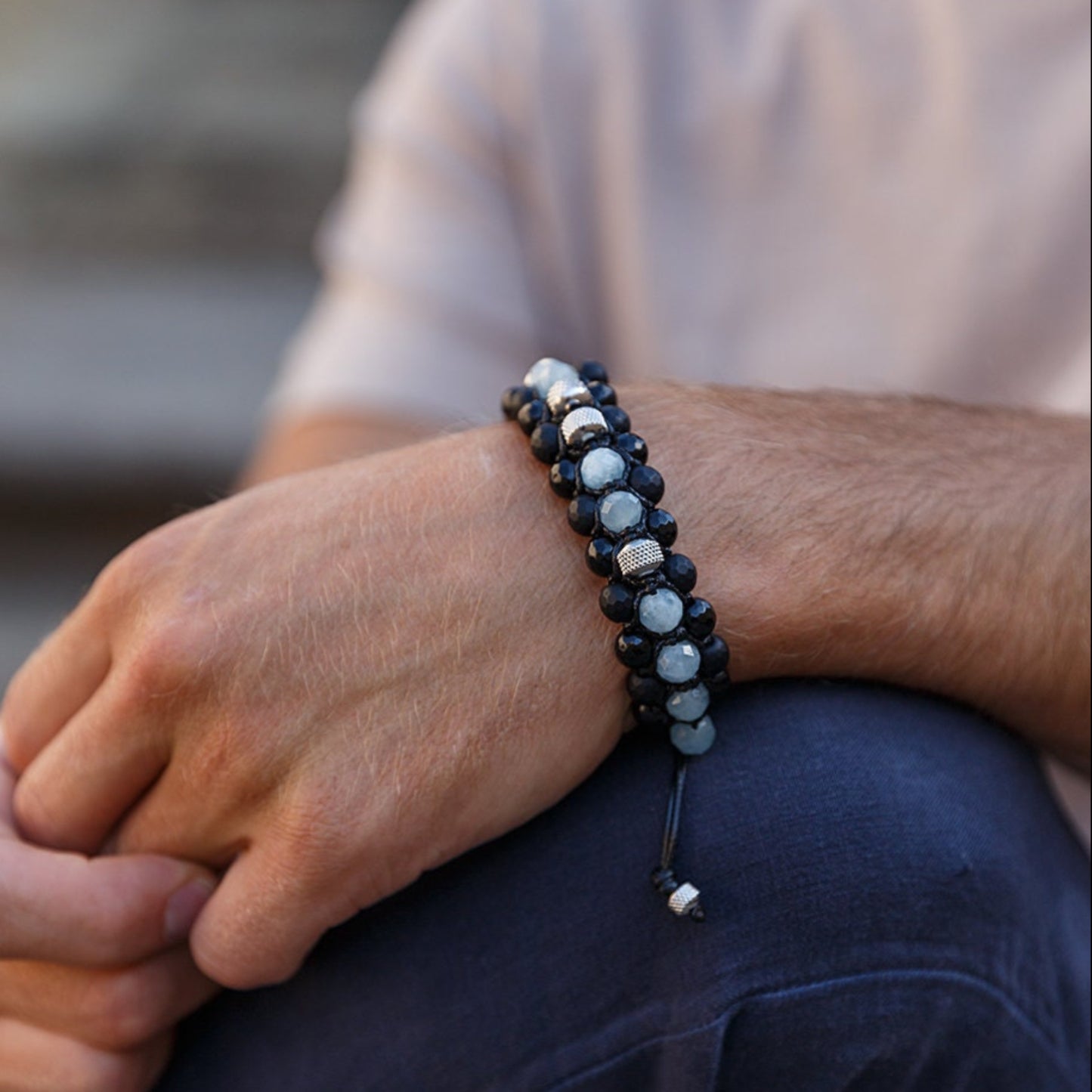 Men's Aquamarine Triple Bracelet - Black Onyx Agate Crystal Bracelet - Gift for Men - Adjustable Macrame Bracelet - Three Row Bracelet - Shamballa Bracelet - Birthstone Bracelet - Gemstone Bracelet Men - Chakra Bracelet - Macrame Bracelet - Healing Bracelet - Valinde