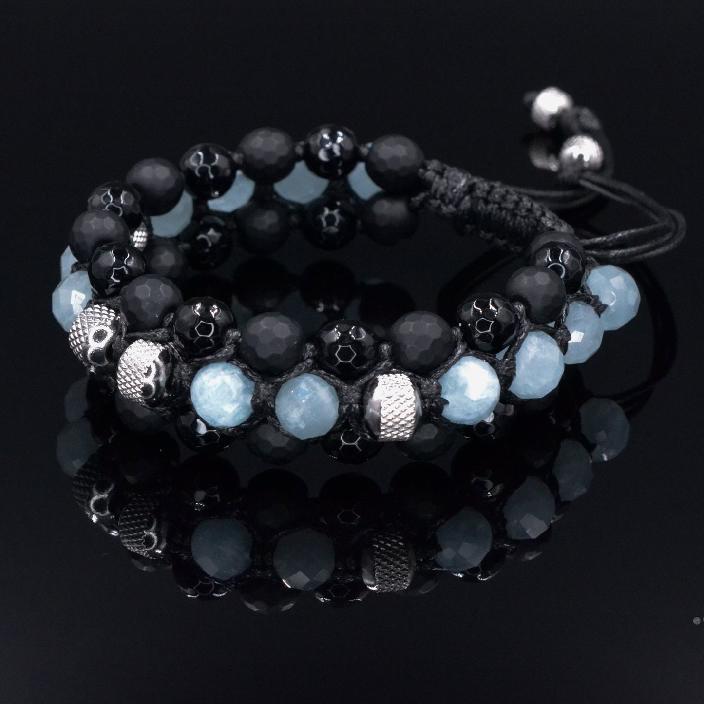 Men's Aquamarine Triple Bracelet - Black Onyx Agate Crystal Bracelet - Gift for Men - Adjustable Macrame Bracelet - Three Row Bracelet - Shamballa Bracelet - Birthstone Bracelet - Gemstone Bracelet Men - Chakra Bracelet - Macrame Bracelet - Healing Bracelet - Valinde
